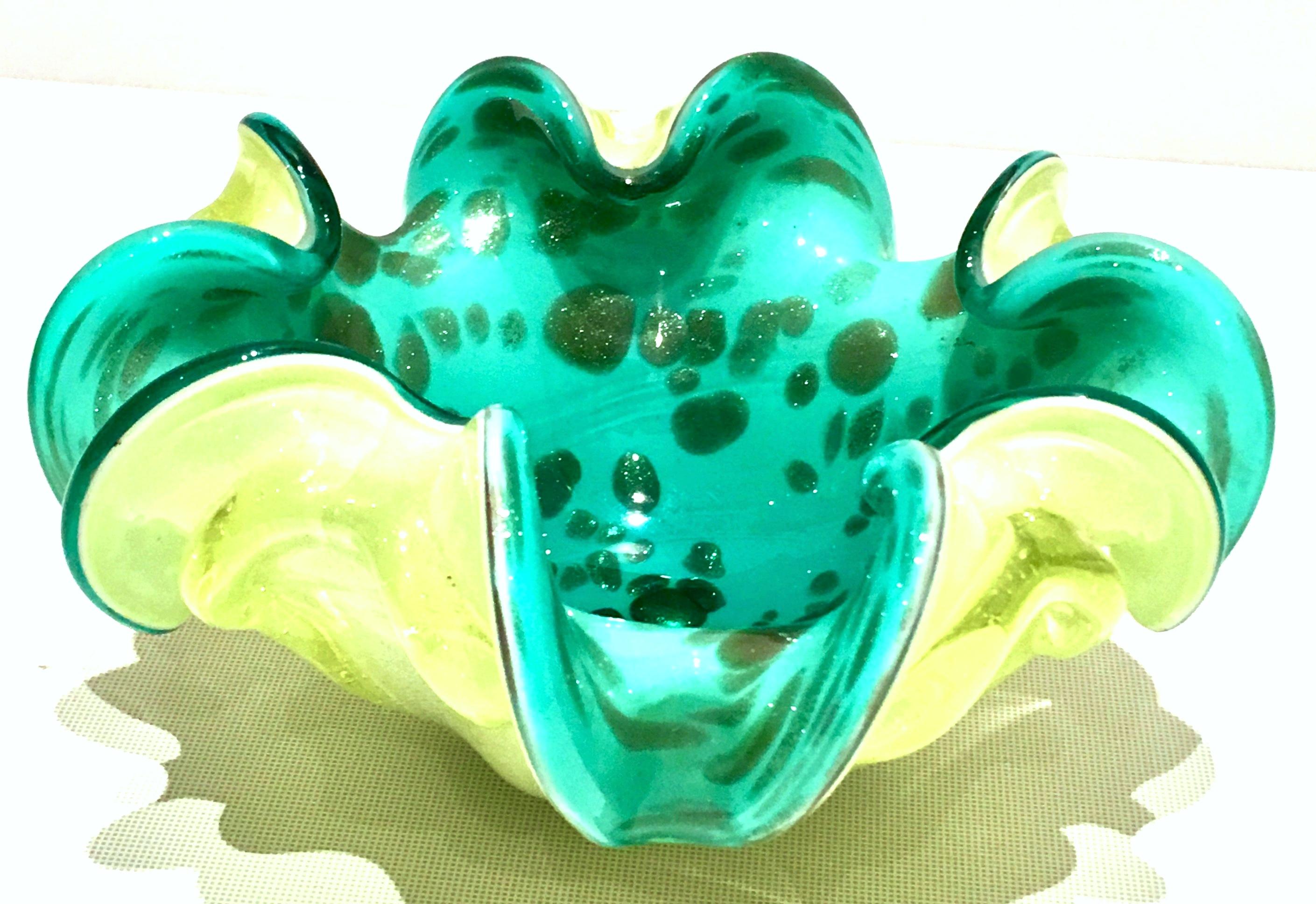 1950s Italian Murano Glass turquoise and Chartreuse ruffle bowl with copper and gold fleck detail. This is a very unique and special piece.