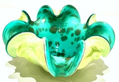 1950s Italian Murano Glass Turquoise and Chartreuse Gold Fleck Ruffle Bowl