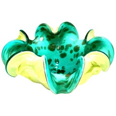 1950s Italian Murano Glass Turquoise and Chartreuse Gold Fleck Ruffle Bowl