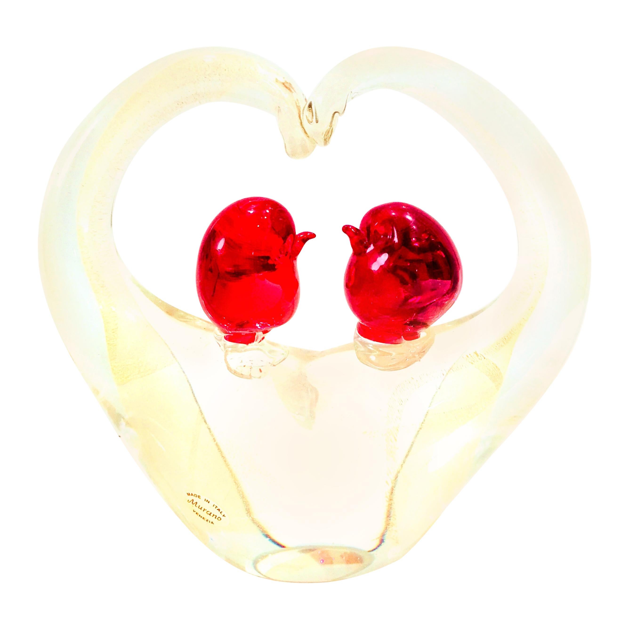 1950s Italian Murano Glass with Gold Fleck Pair of Love Birds Heart Sculpture For Sale