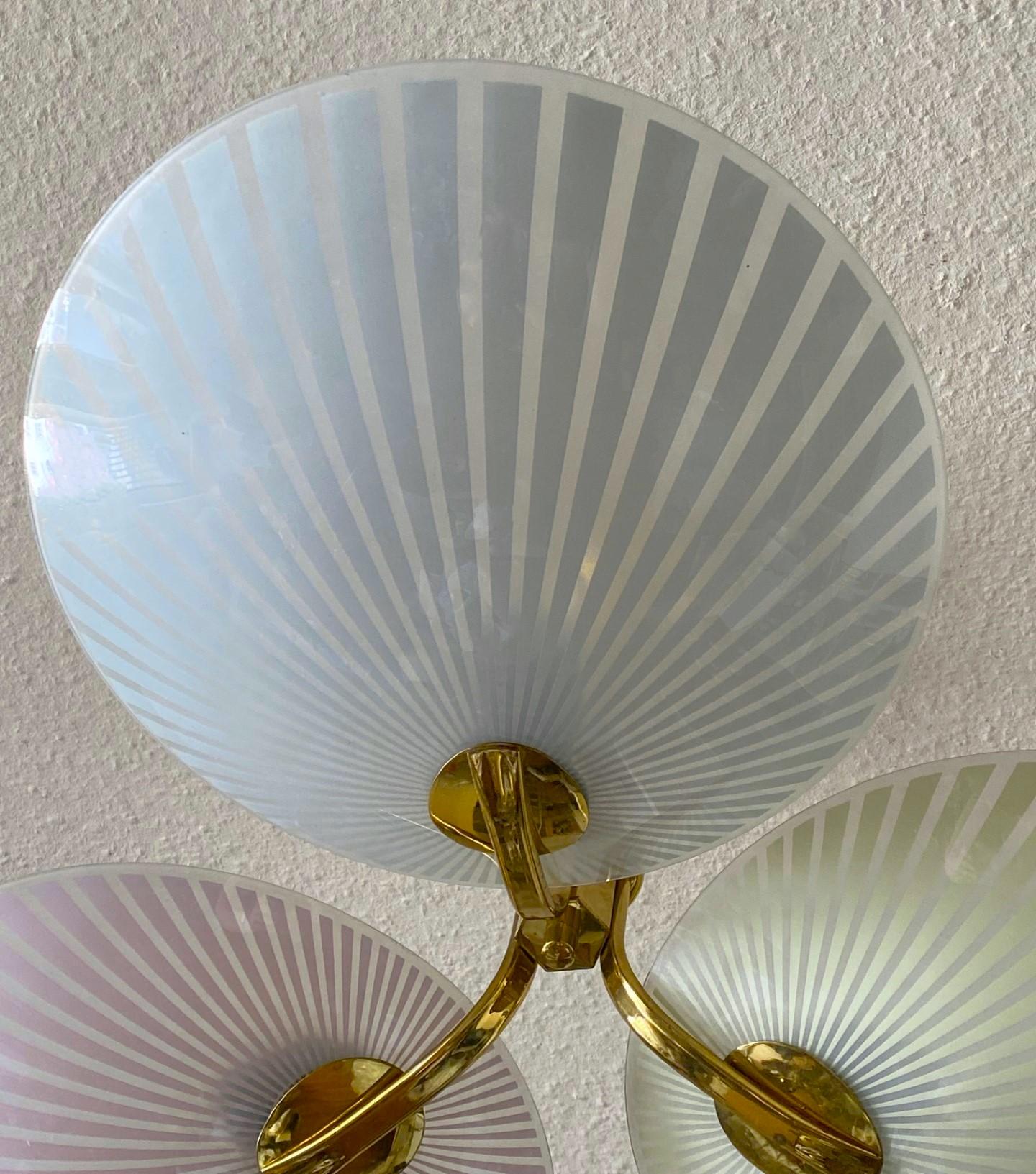 1950s Italian Murano Opalescent Glass Brass Three-Light Chandelier Flush Mount For Sale 9