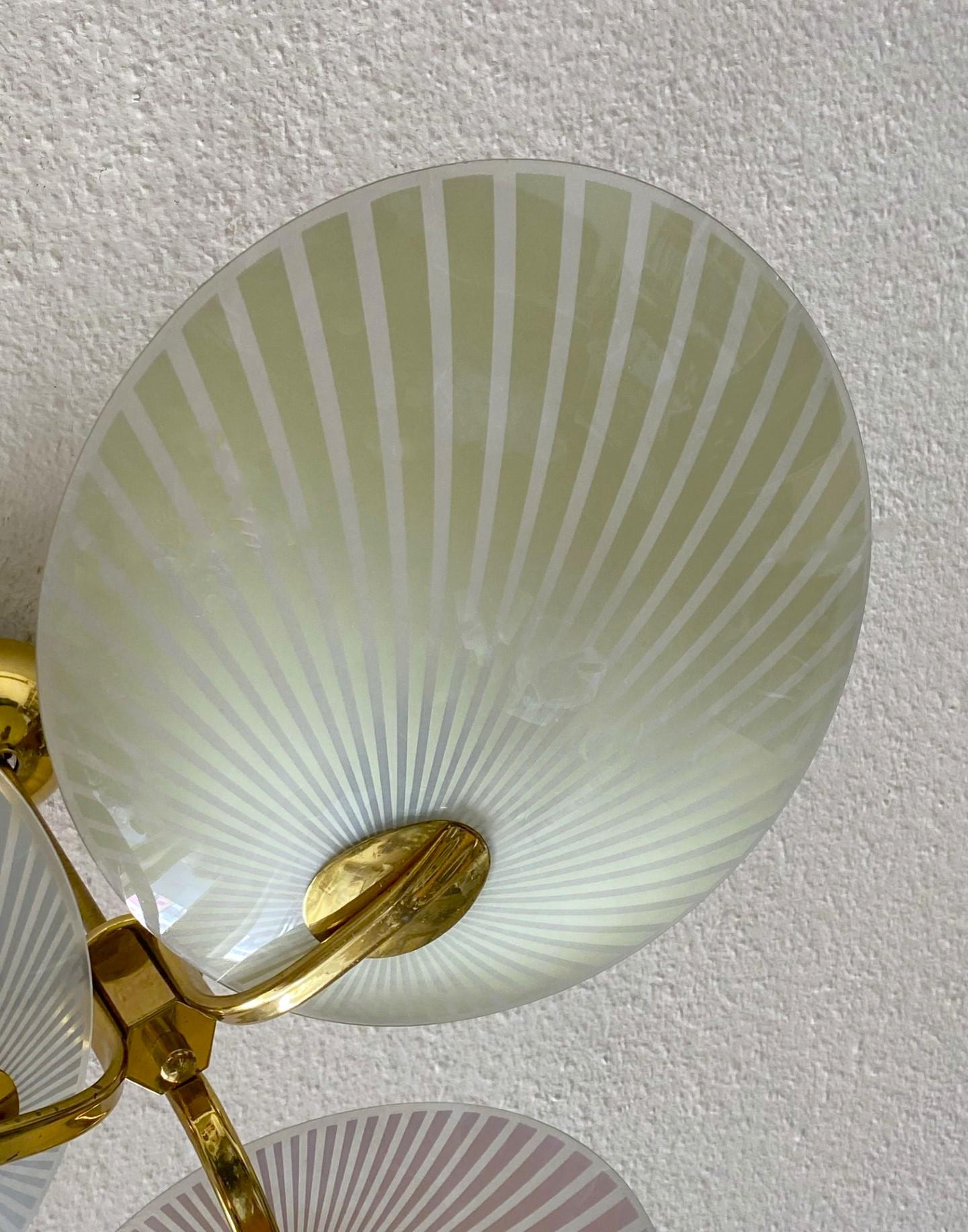 1950s Italian Murano Opalescent Glass Brass Three-Light Chandelier Flush Mount For Sale 10