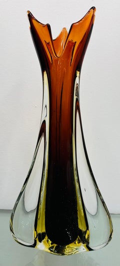 1950s Italian Murano Sommerso "Maple Leaf' Brown Yellow & Clear Art Glass Vase