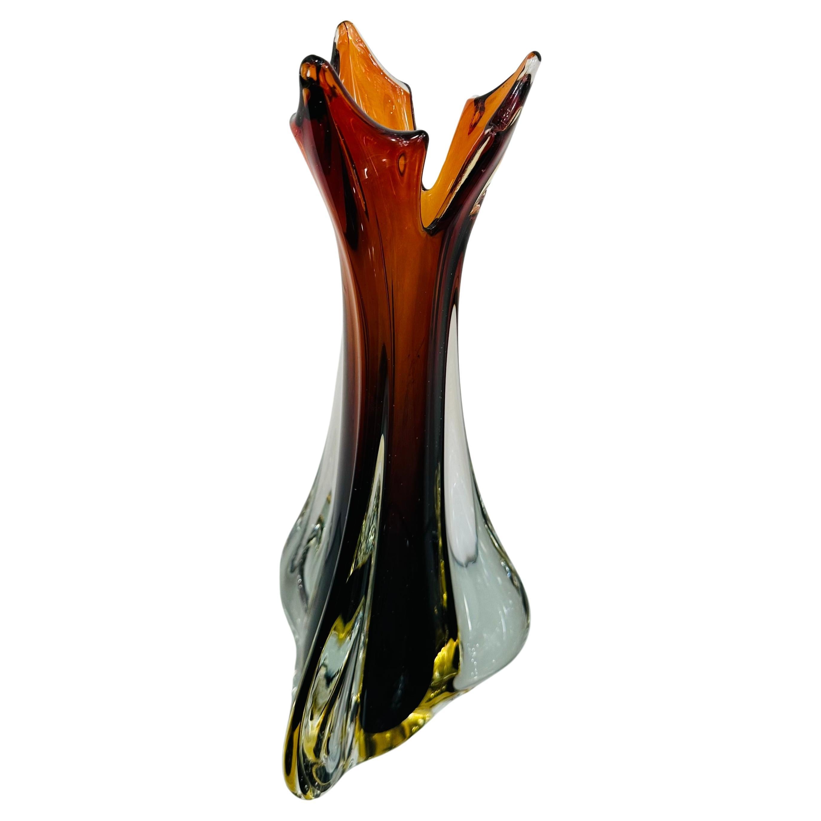 1950s Italian Murano Sommerso "Maple Leaf' Brown Yellow & Clear Art Glass Vase