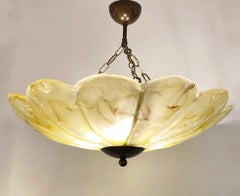 1950s Italian Mustard Yellow Streak Murano Glass Bronzed Dome Pendant/Flushmount