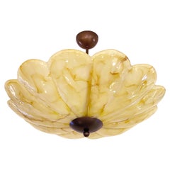 Vintage 1950s Italian Mustard Yellow Streak Murano Glass Bronzed Dome Pendant/Flushmount