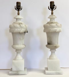 1950s Italian Neoclassical White Marble Tall Table Lamp with Pleated Shades
