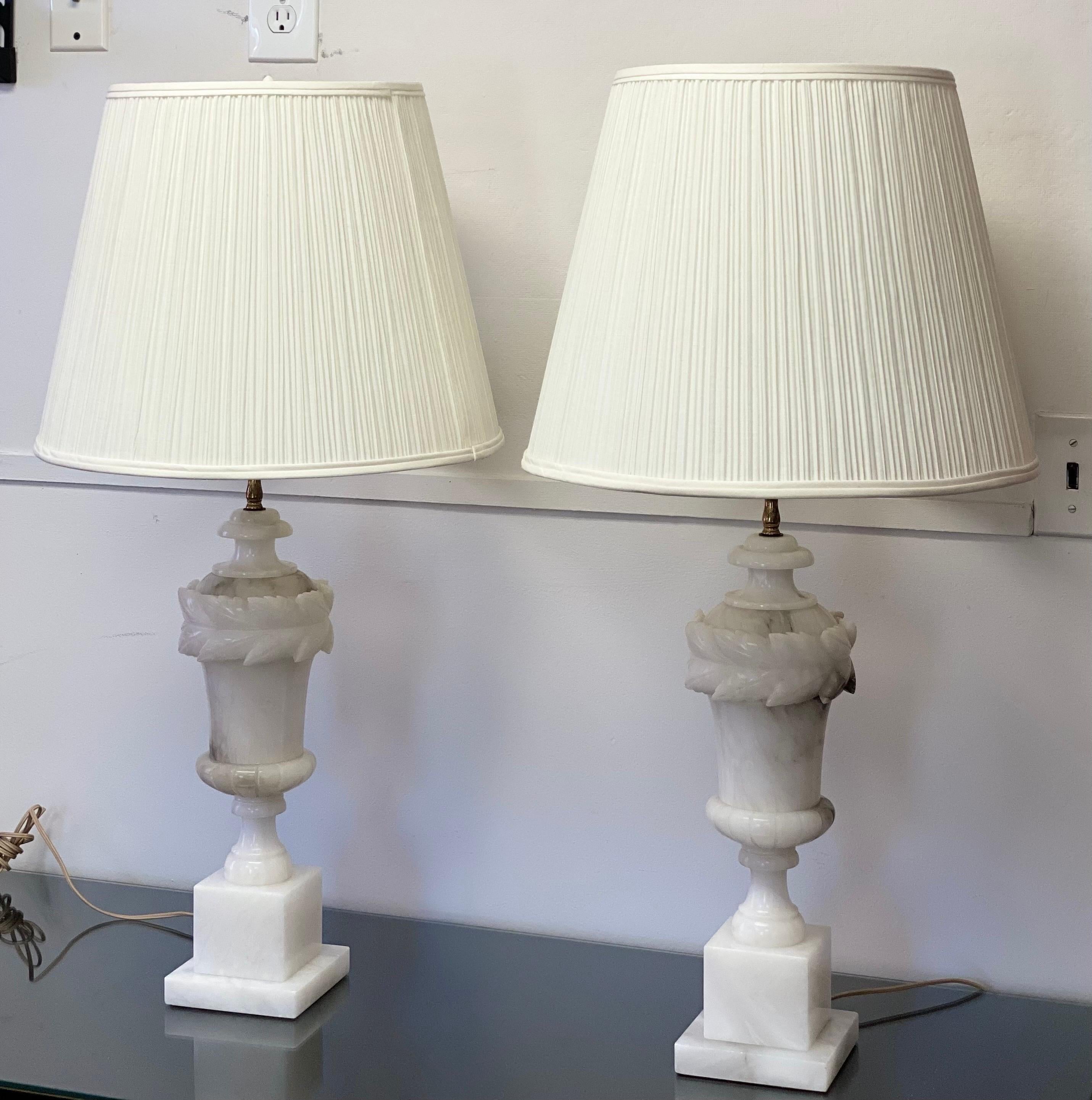 Fabric 1950s Italian Neoclassical White Marble Tall Table Lamp with Pleated Shades