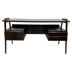 1950's Italian Oak Executive Desk by Vittorio Dassi with Black Glass Top