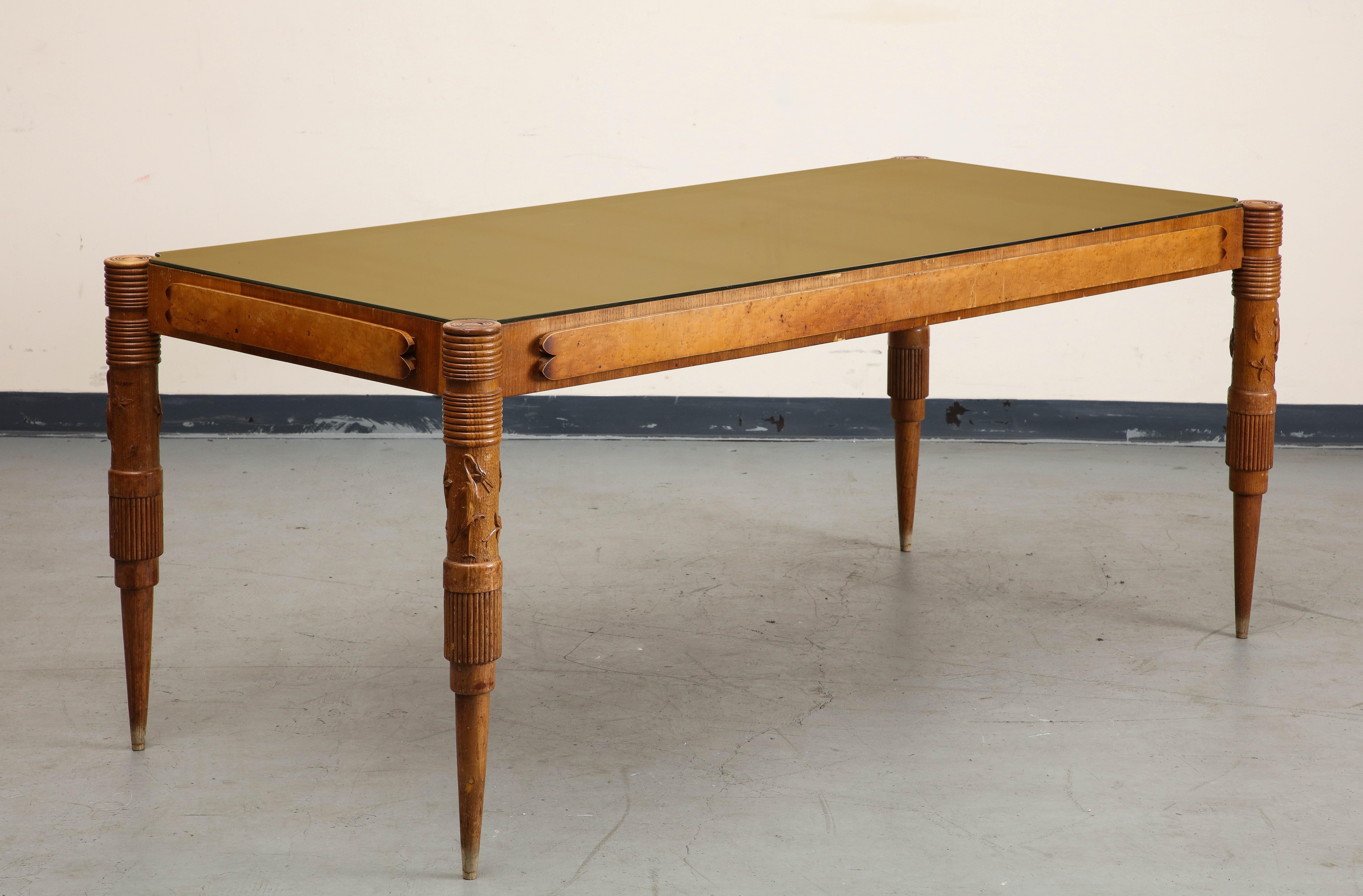 1950s Italian Oak Table with Gilded Glass Top by Pier Luigi Colli 1