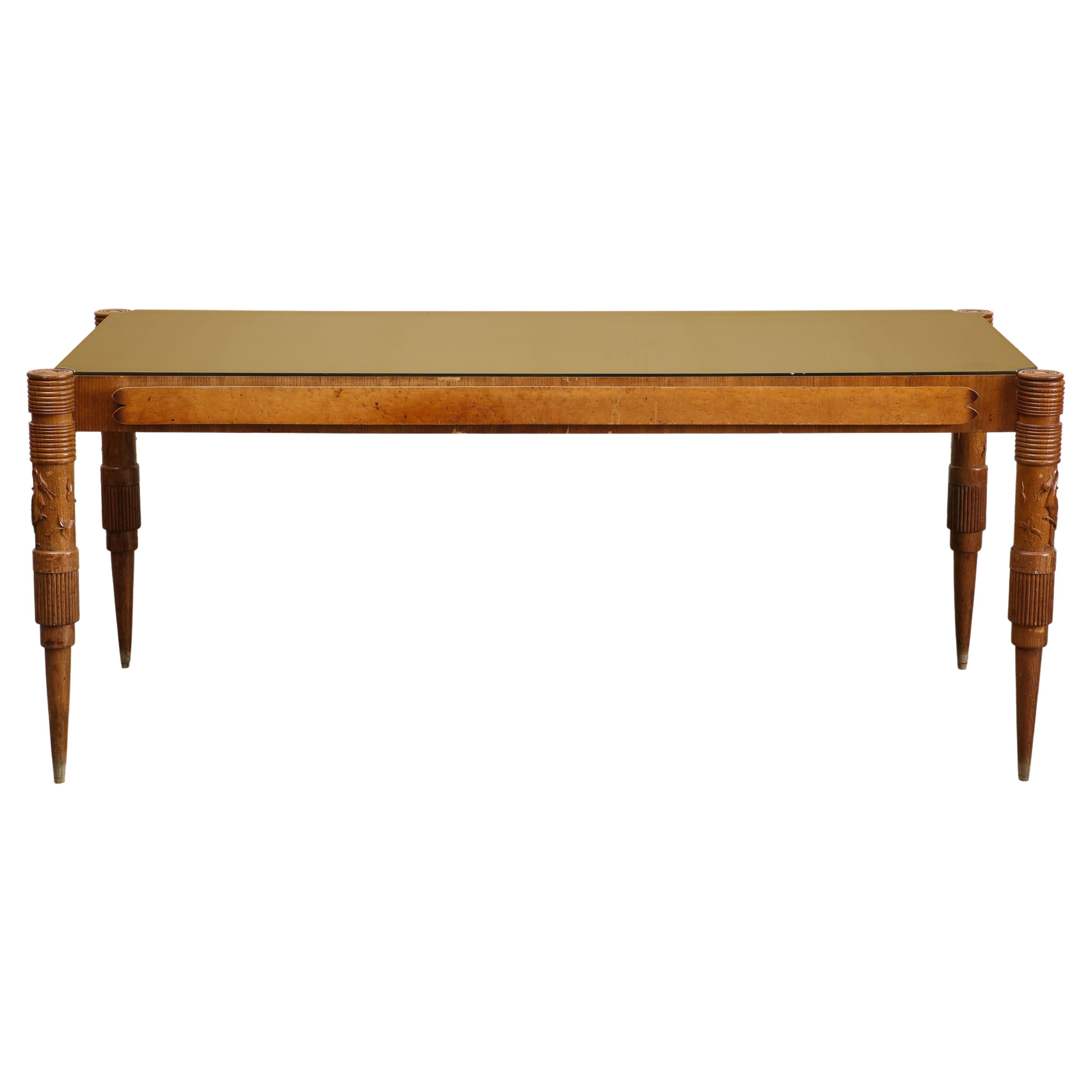 1950s Italian Oak Table with Gilded Glass Top by Pier Luigi Colli