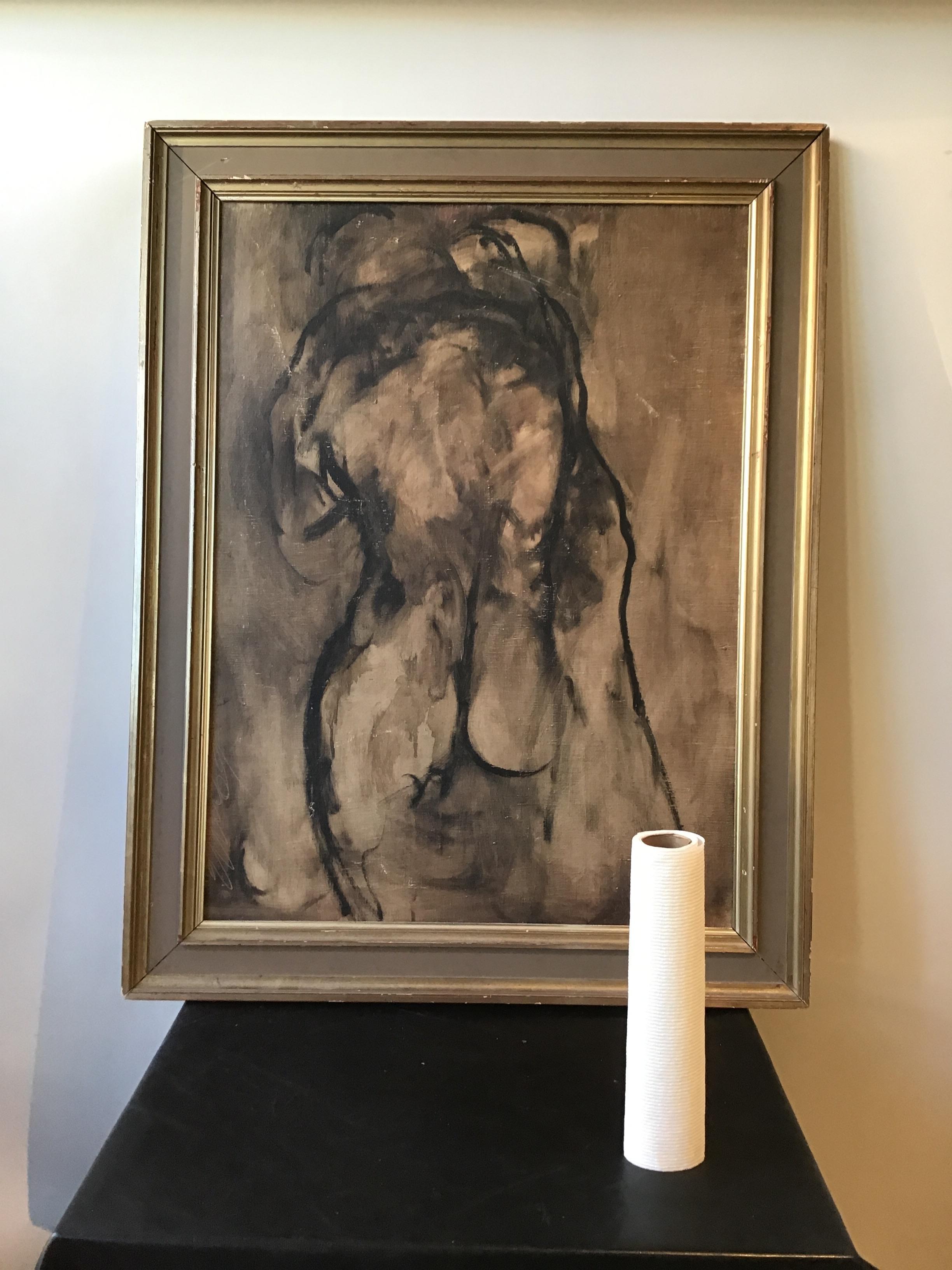 1950s Italian oil on canvas of two nudes embracing. Signed.