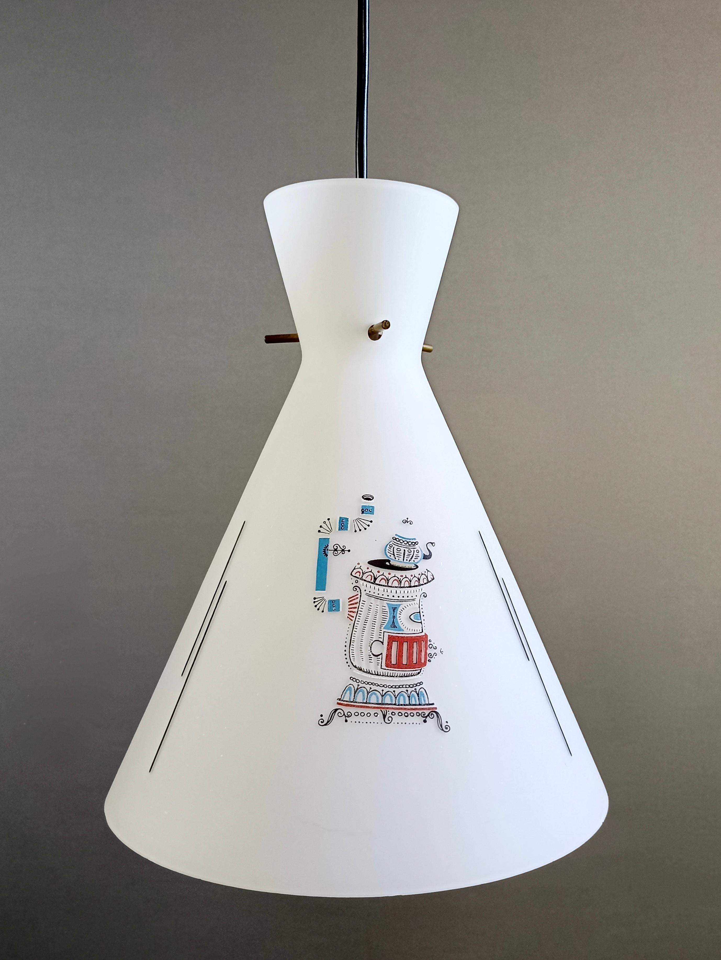 Mid-20th Century 1950s Italian opaline glass with original decoration two-light pendant lamp.   For Sale