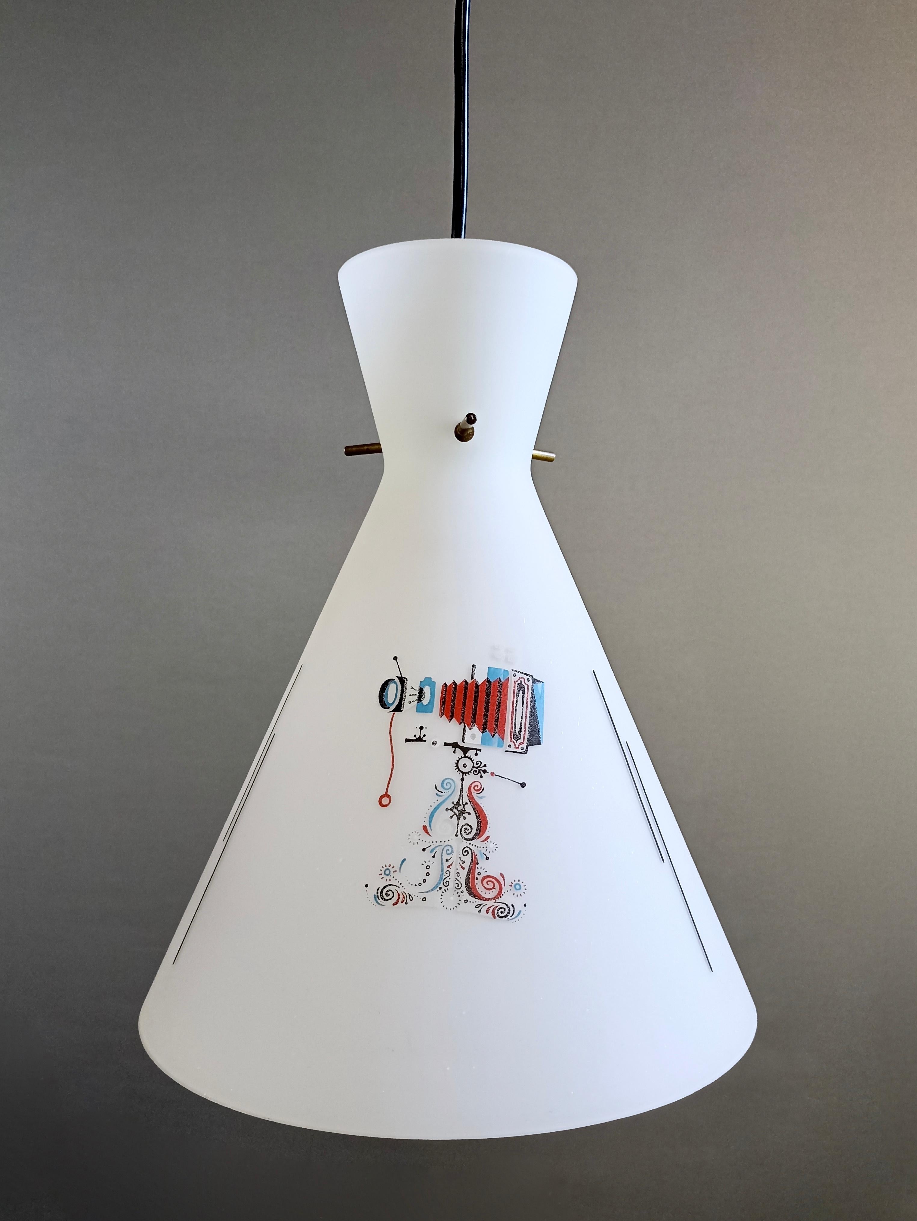 Metal 1950s Italian opaline glass with original decoration two-light pendant lamp.   For Sale