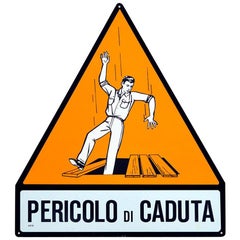 1950s Italian Orange Triangle Metal Fall Hazard Safety Sign