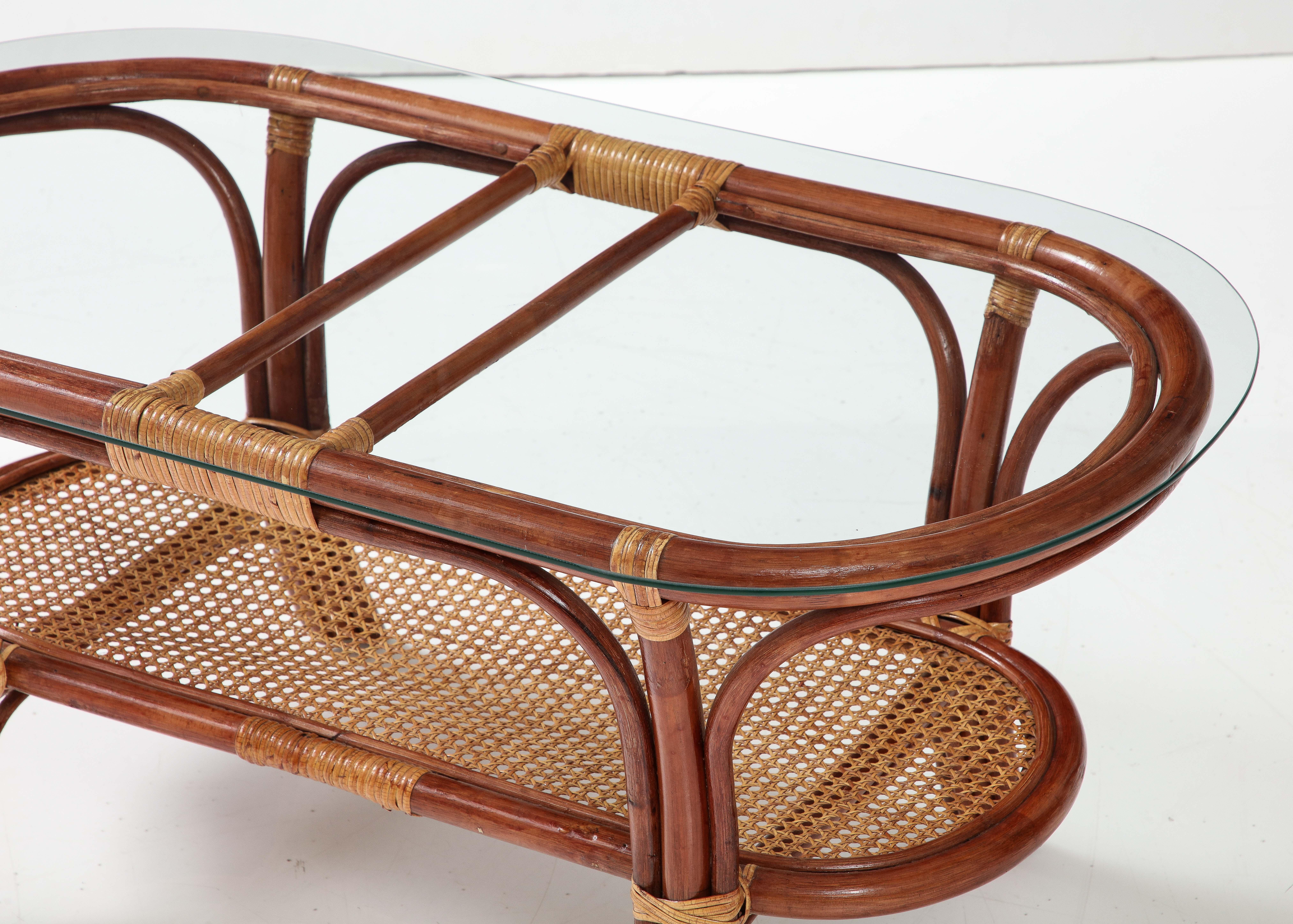 1950s Italian Oval Two-Tiered Coffee Table in Bamboo, Rattan and Glass 5