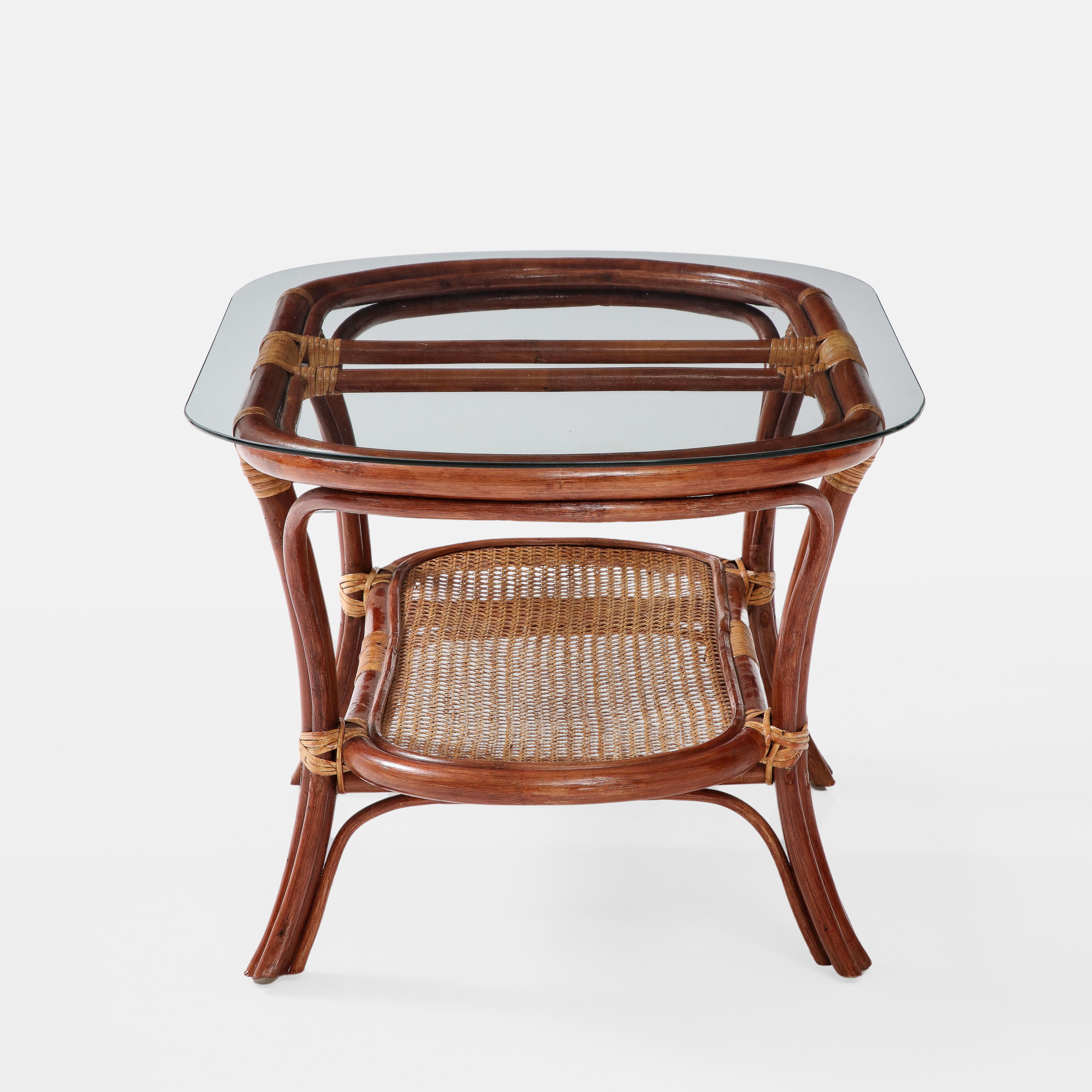 Mid-Century Modern 1950s Italian Oval Two-Tiered Coffee Table in Bamboo, Rattan and Glass