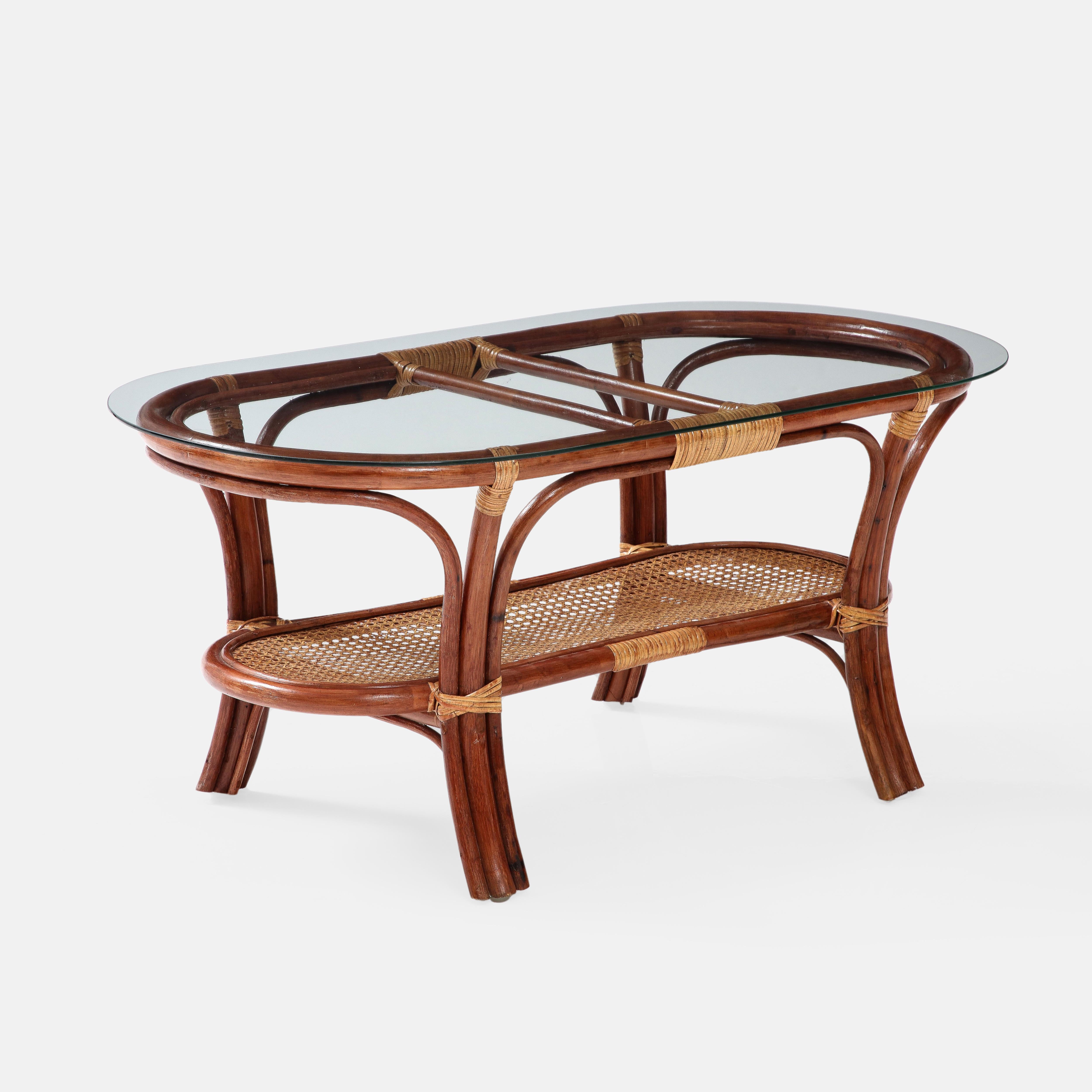 Lacquered 1950s Italian Oval Two-Tiered Coffee Table in Bamboo, Rattan and Glass