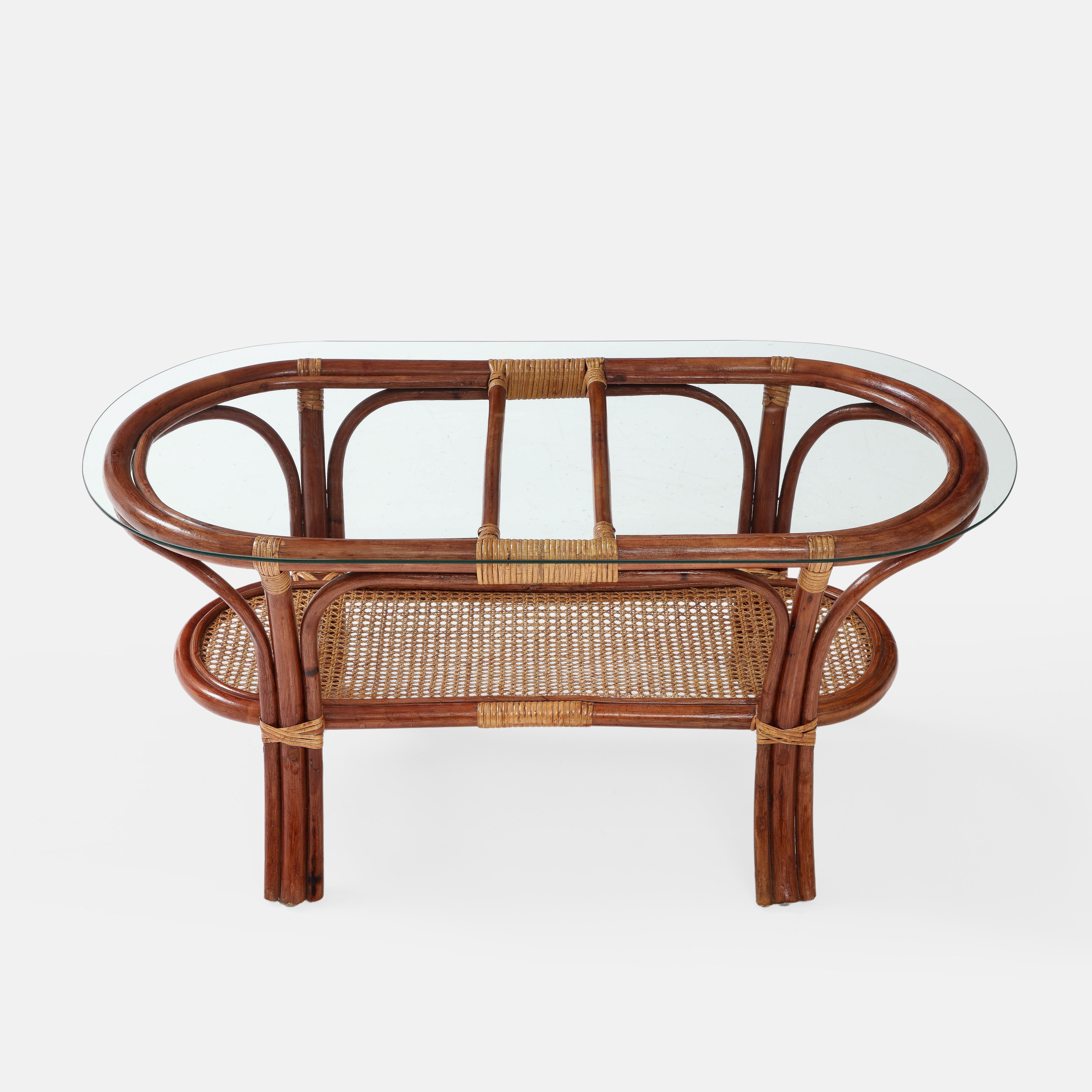 Mid-20th Century 1950s Italian Oval Two-Tiered Coffee Table in Bamboo, Rattan and Glass