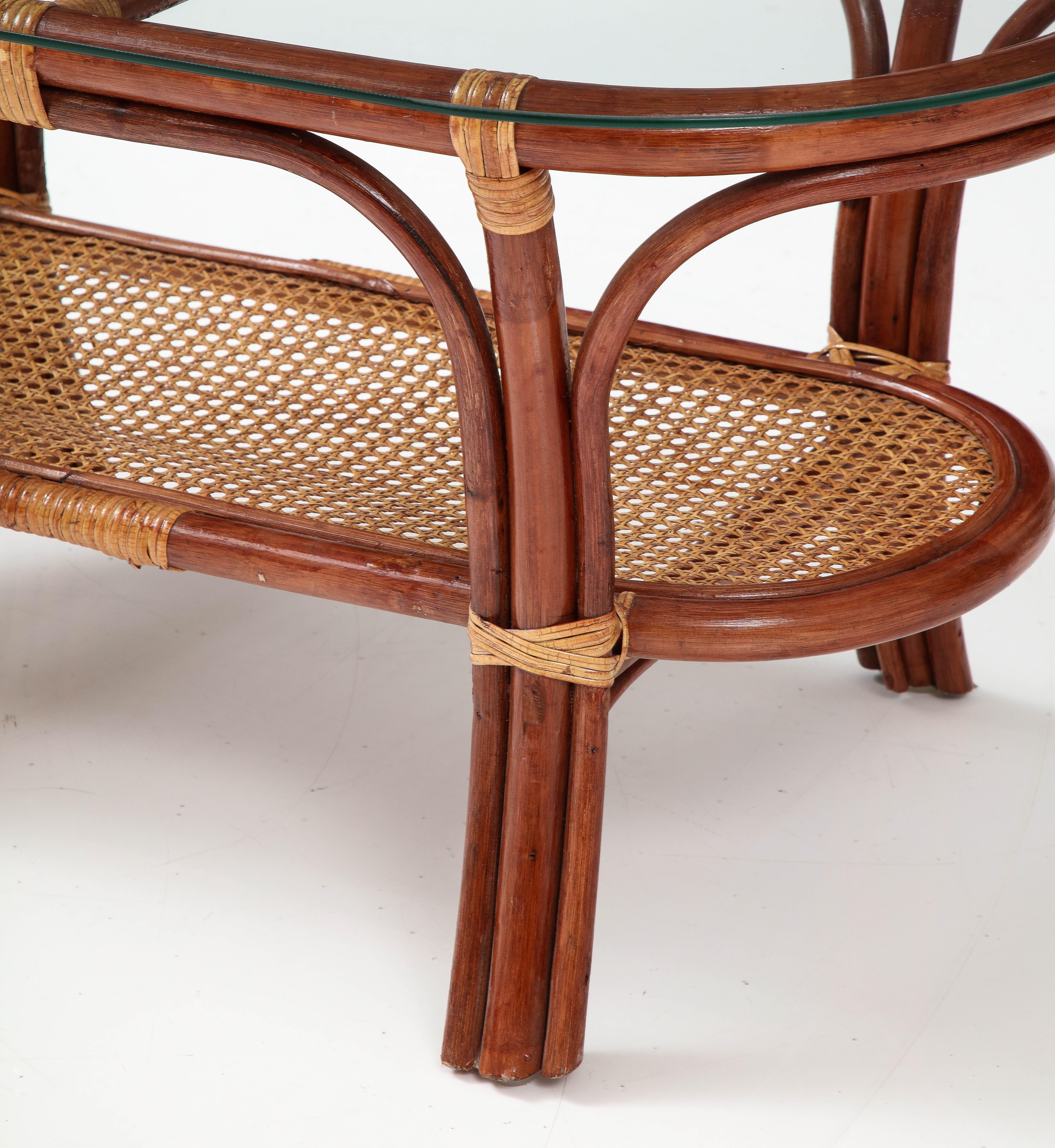 1950s Italian Oval Two-Tiered Coffee Table in Bamboo, Rattan and Glass 2