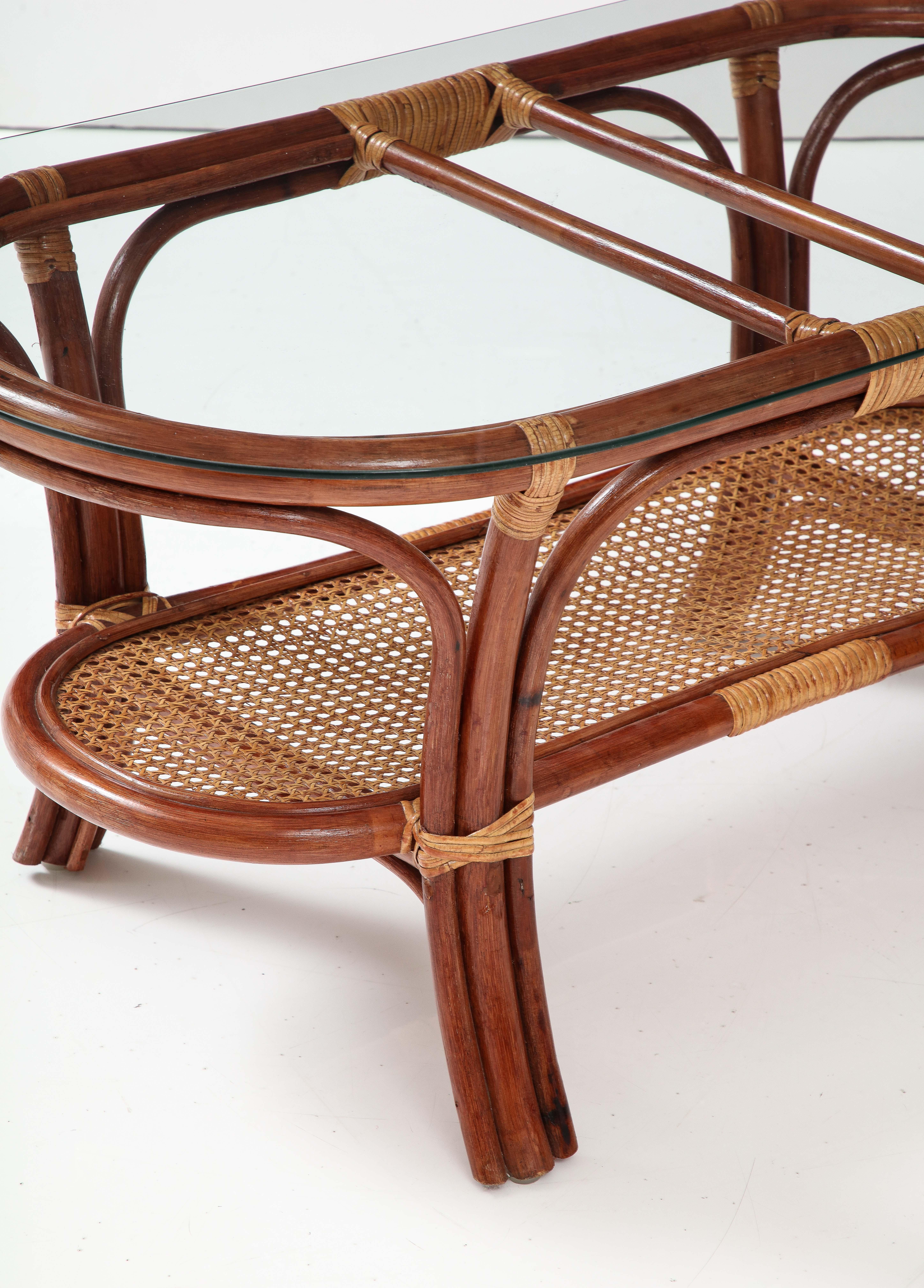 1950s Italian Oval Two-Tiered Coffee Table in Bamboo, Rattan and Glass 3