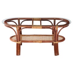 Vintage 1950s Italian Oval Two-Tiered Coffee Table in Bamboo, Rattan and Glass
