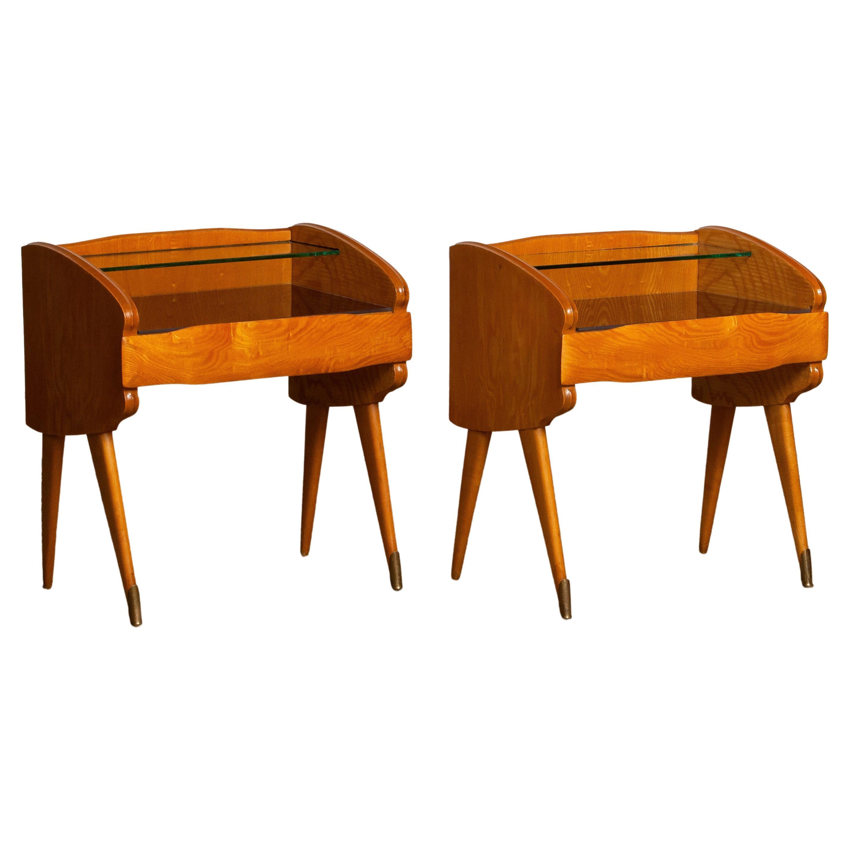 1950's Italian Pair Maple and Glass Bedside Tables / Nightstands by Paolo Buffa