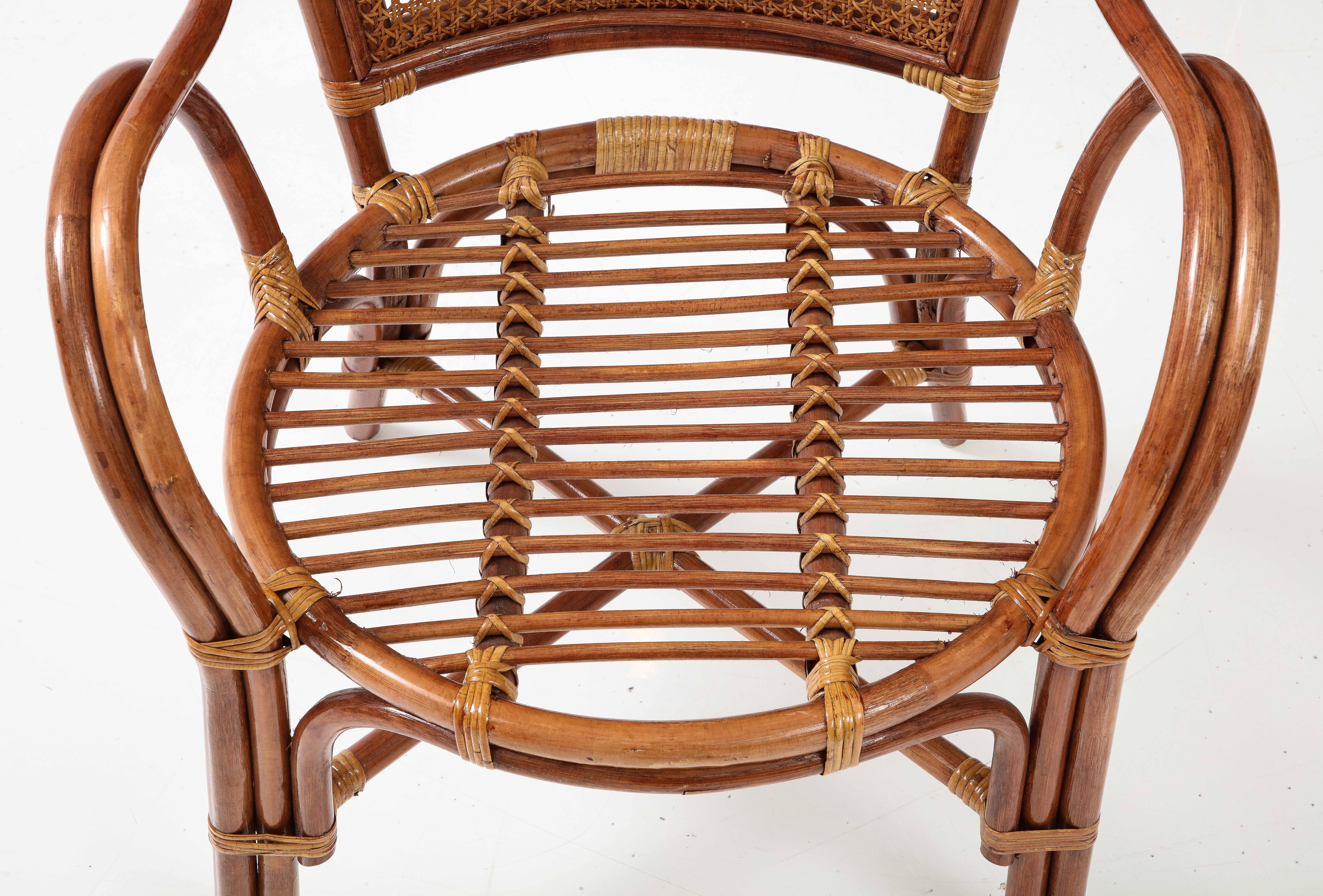 1950s Italian Pair of Bamboo and Rattan Armchairs with Ivory Bouclé Cushions For Sale 4
