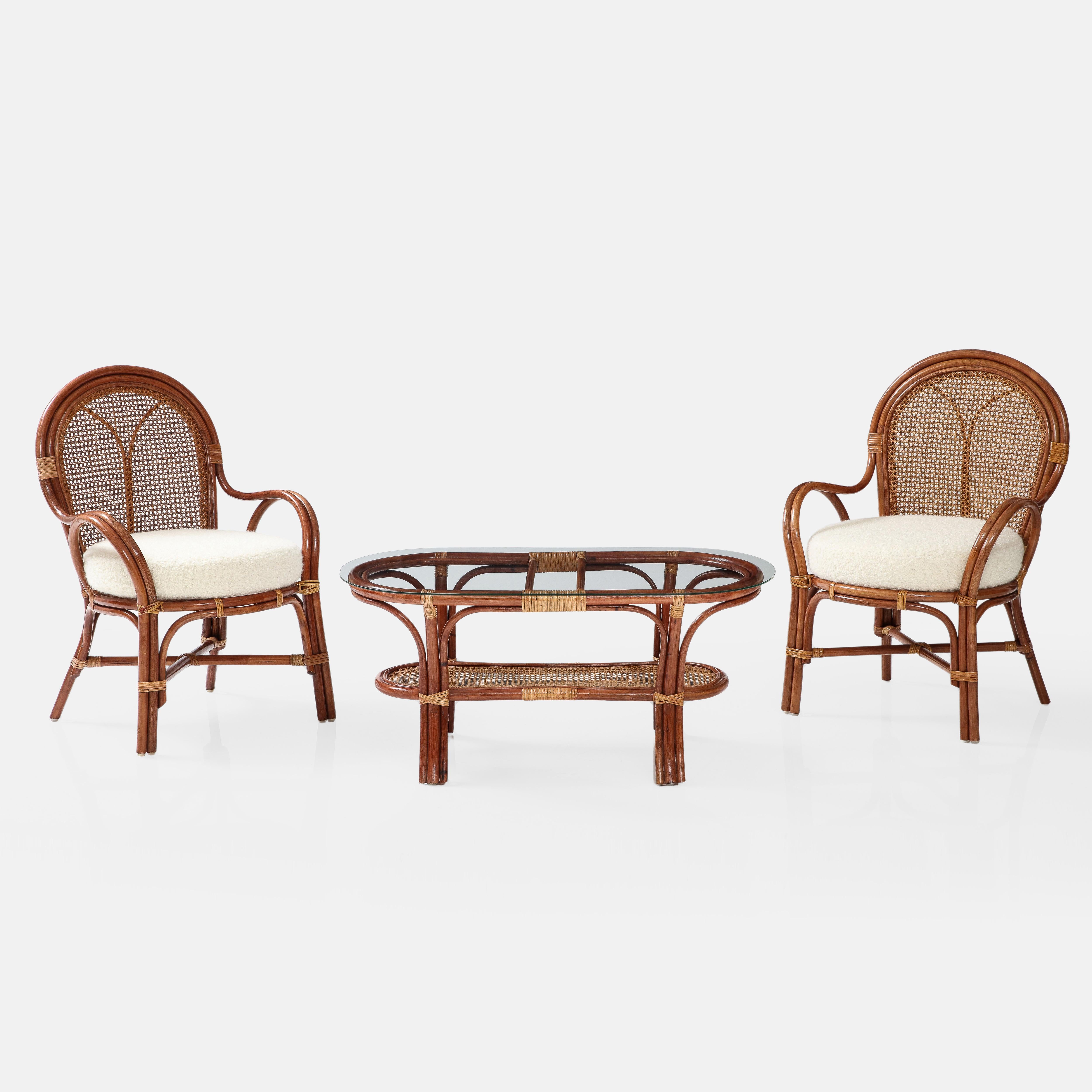 1950s Italian Pair of Bamboo and Rattan Armchairs with Ivory Bouclé Cushions For Sale 5