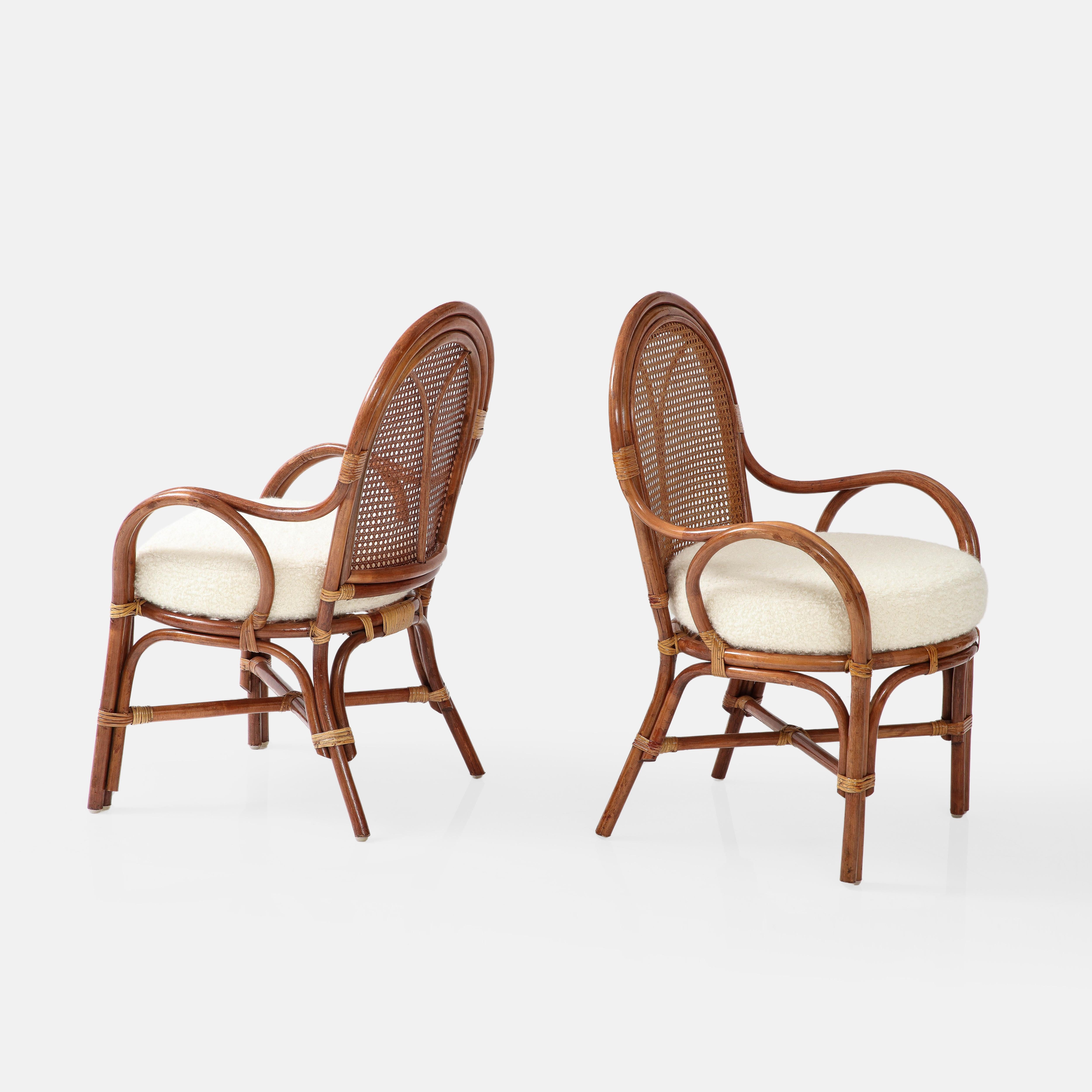 Mid-Century Modern 1950s Italian Pair of Bamboo and Rattan Armchairs with Ivory Bouclé Cushions For Sale