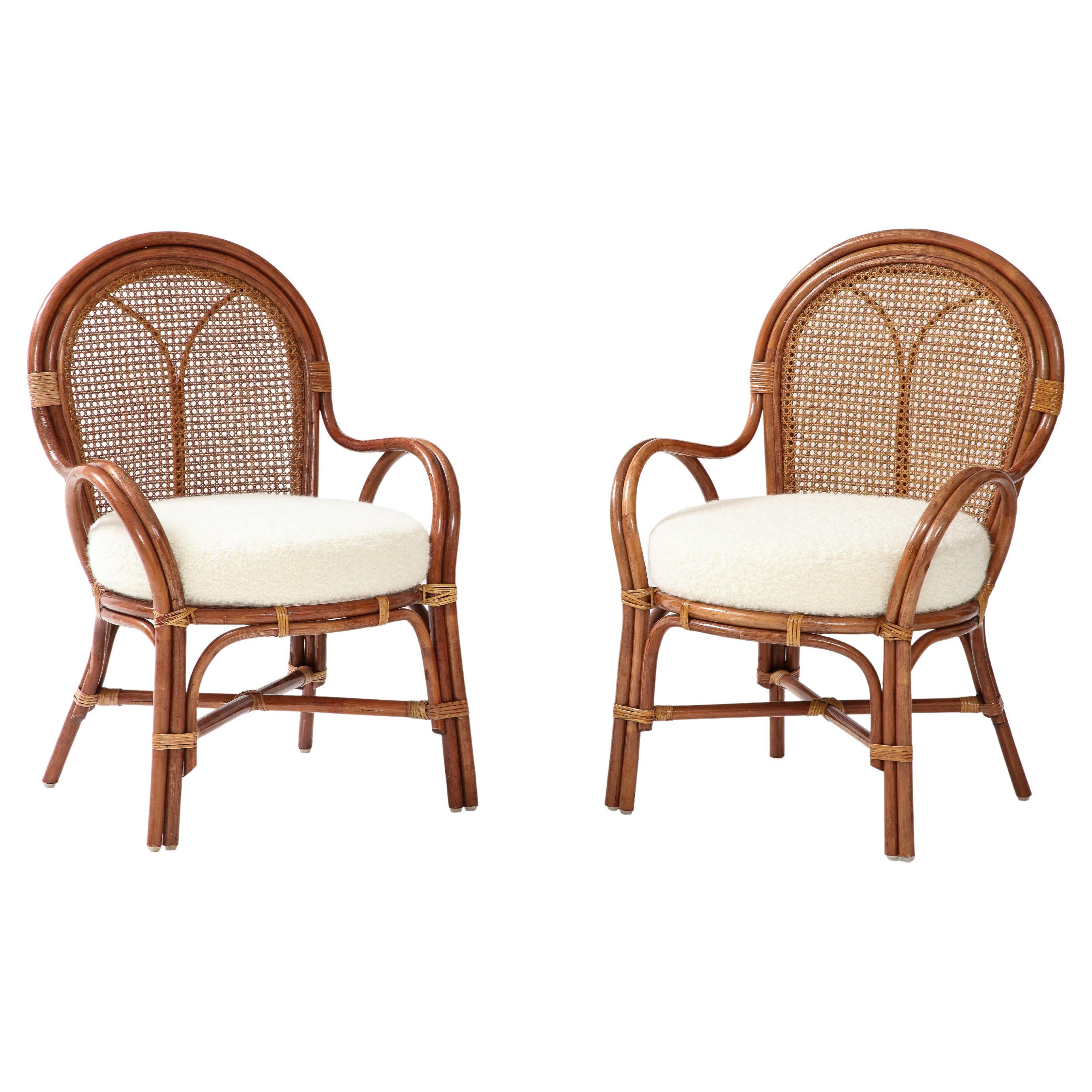 1950s Italian Pair of Bamboo and Rattan Armchairs with Ivory Bouclé Cushions