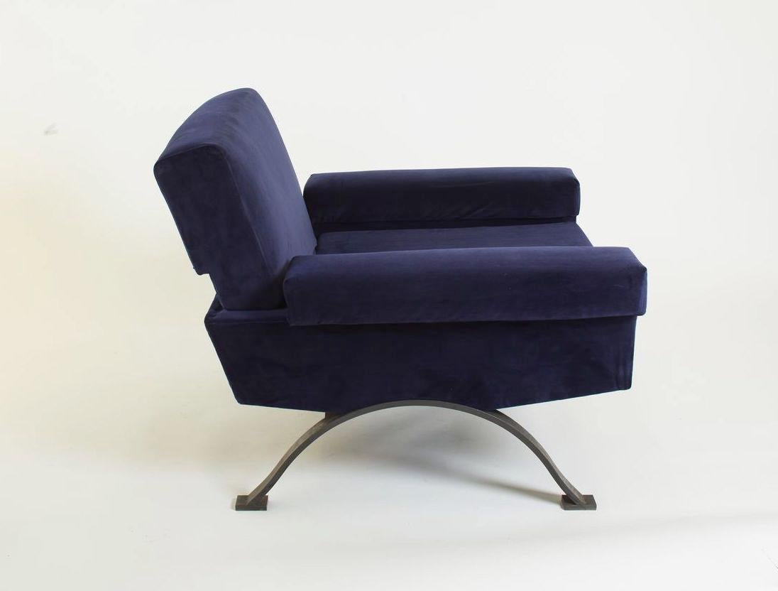 Mid-20th Century 1950s Italian Pair of Blue Velvet Lounge Chairs Restored and Reupholstered