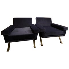 1950s Italian Pair of Blue Velvet Lounge Chairs Restored and Reupholstered