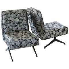 1950s Italian Pair of Lounge Chairs, Black Steel, Black/Lurex Jacquard Fabric 1950s Italian Pair of Lounge Chairs, Black Steel, Black/Lurex Jacquard Fabric