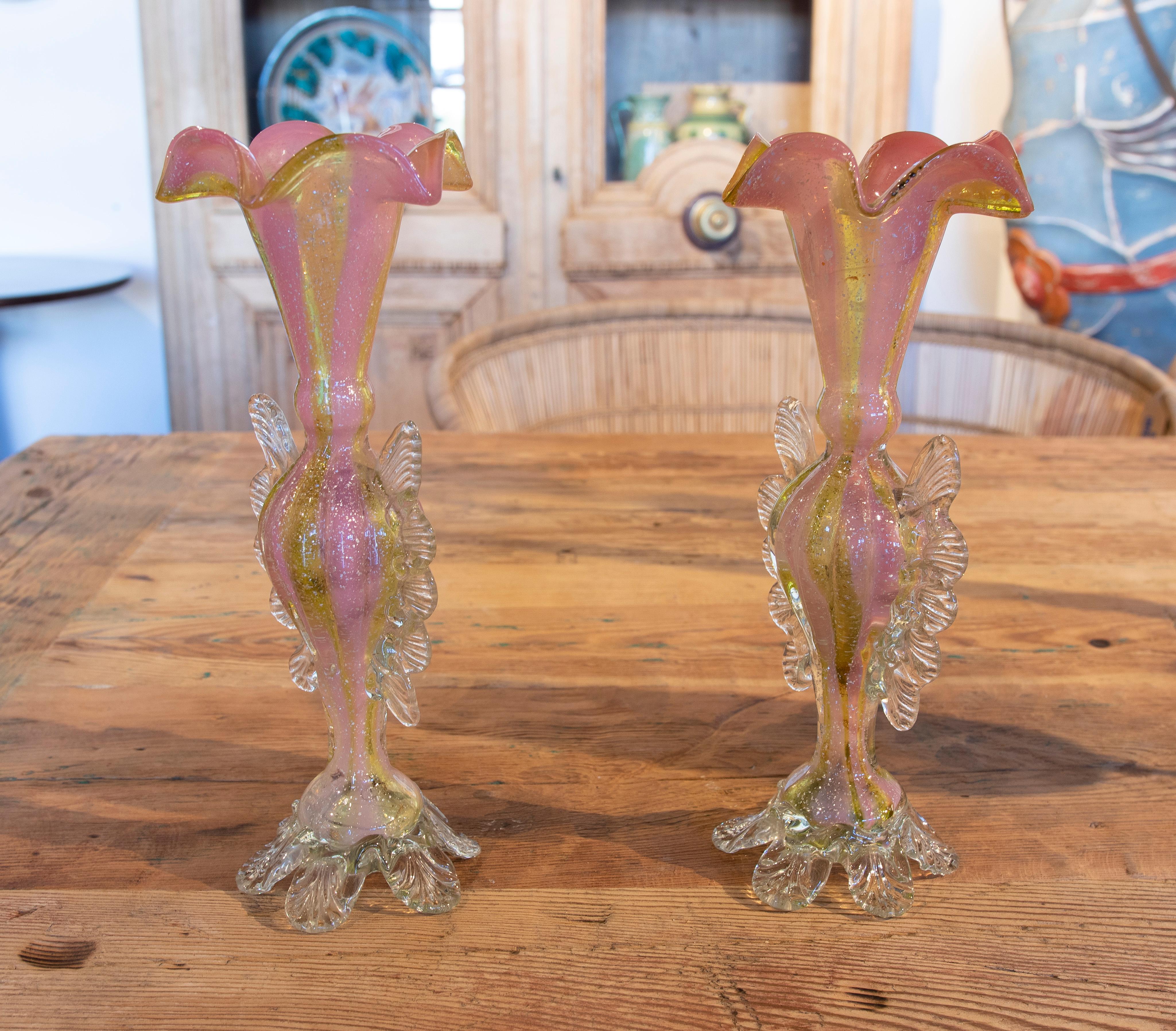 1950s Italian pair of murano glass vases in pink tones.