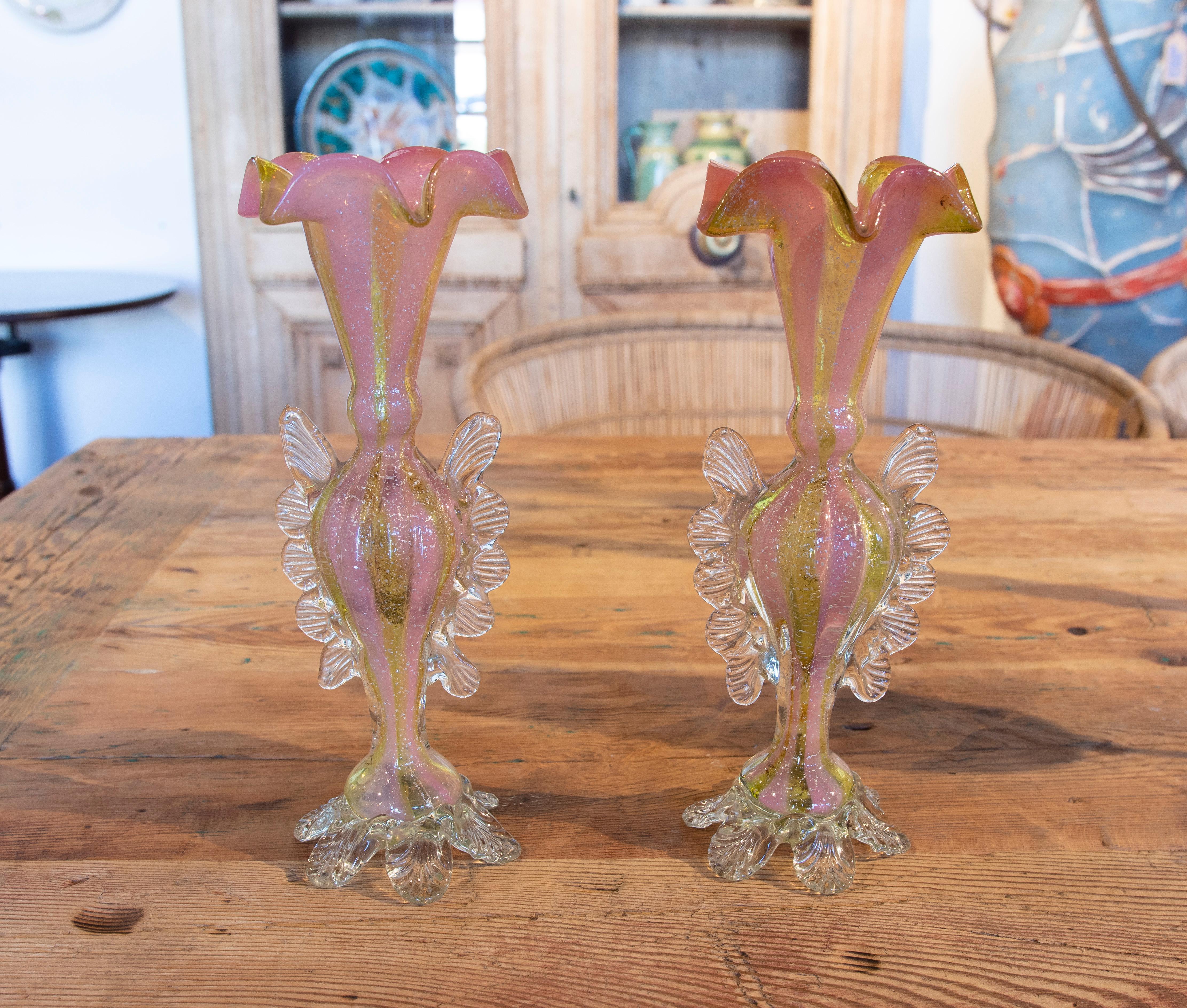 1950s Italian Pair of Murano Glass Vases in Pink Tones  In Good Condition For Sale In Marbella, ES