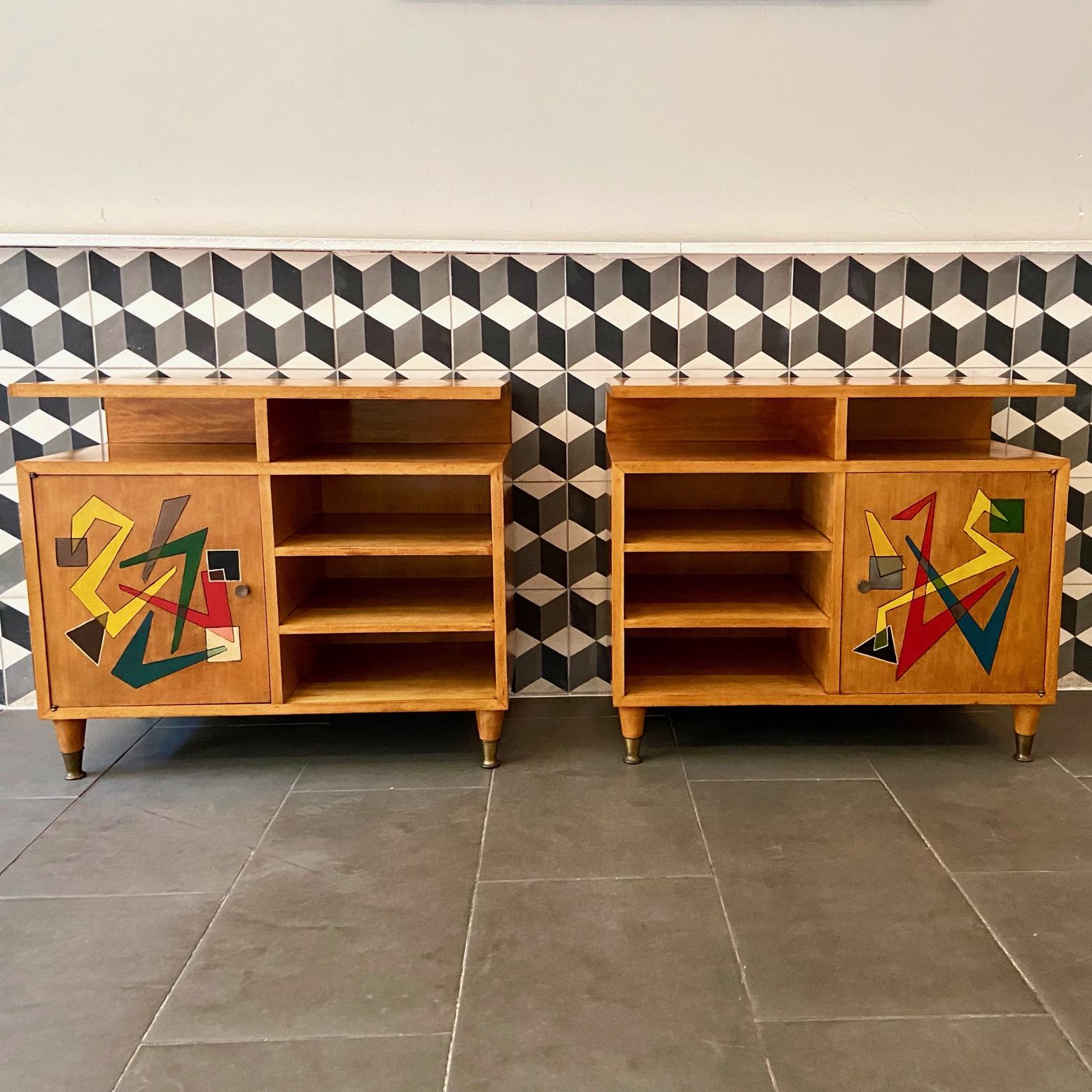 20th Century 1950's Italian Pair of Blond Wood Side Cabinets with Abstract Painted Doors