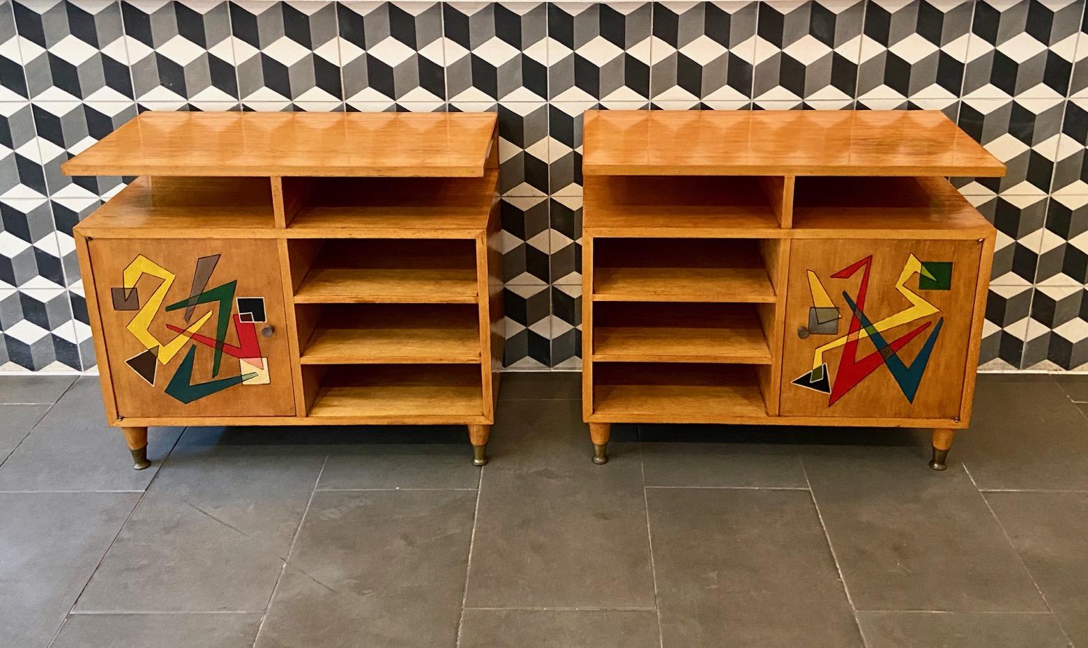 1950's Italian Pair of Blond Wood Side Cabinets with Abstract Painted Doors 1