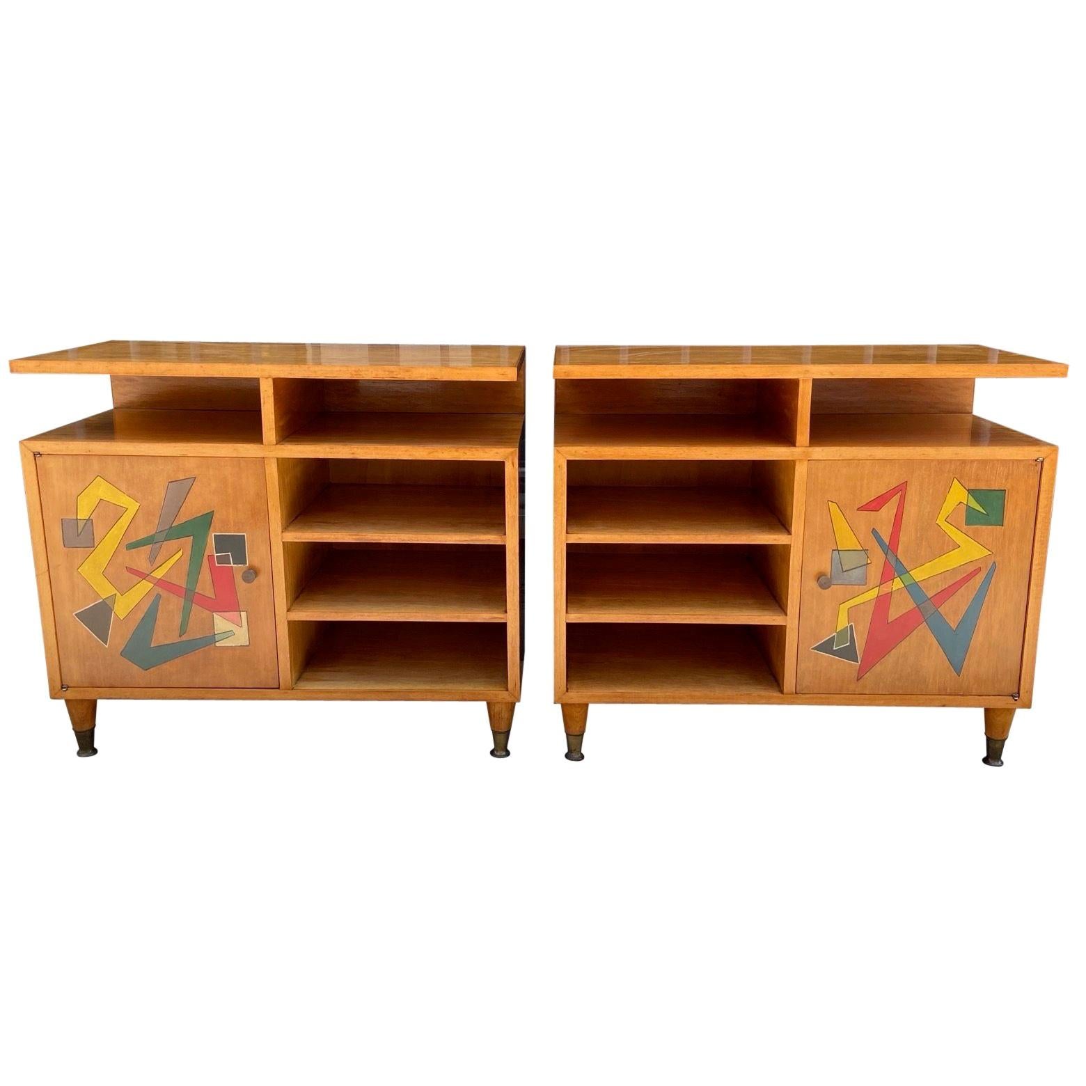 1950's Italian Pair of Blond Wood Side Cabinets with Abstract Painted Doors In Good Condition In London, GB
