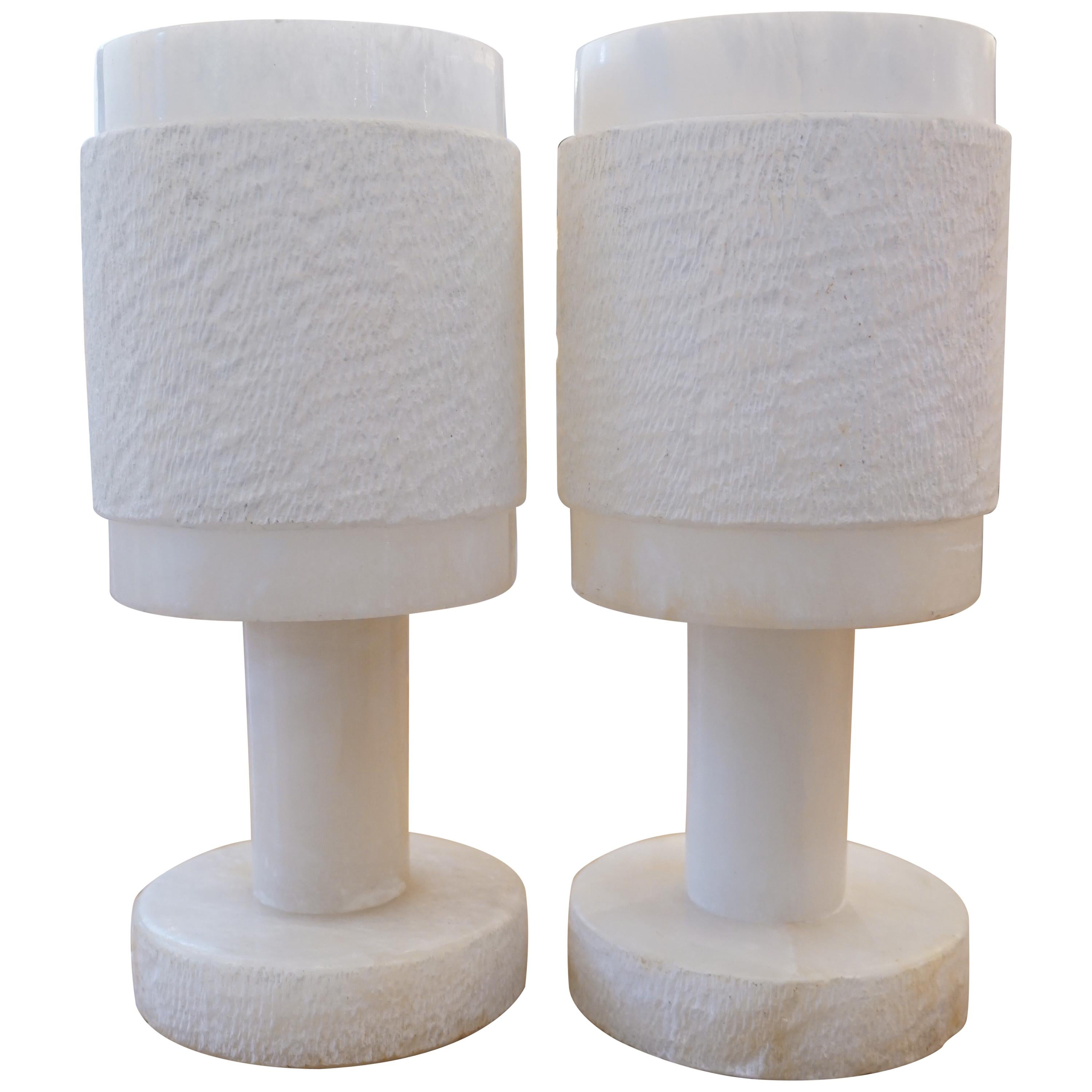 1950s Italian Pair of White Alabaster Lamps with Carved Shades