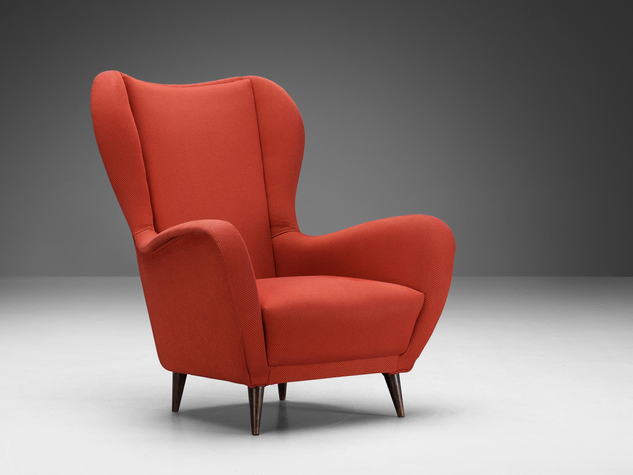 Mid-Century Modern 1950s Italian Pair of Wingback Chairs in Red Upholstery and Wood For Sale