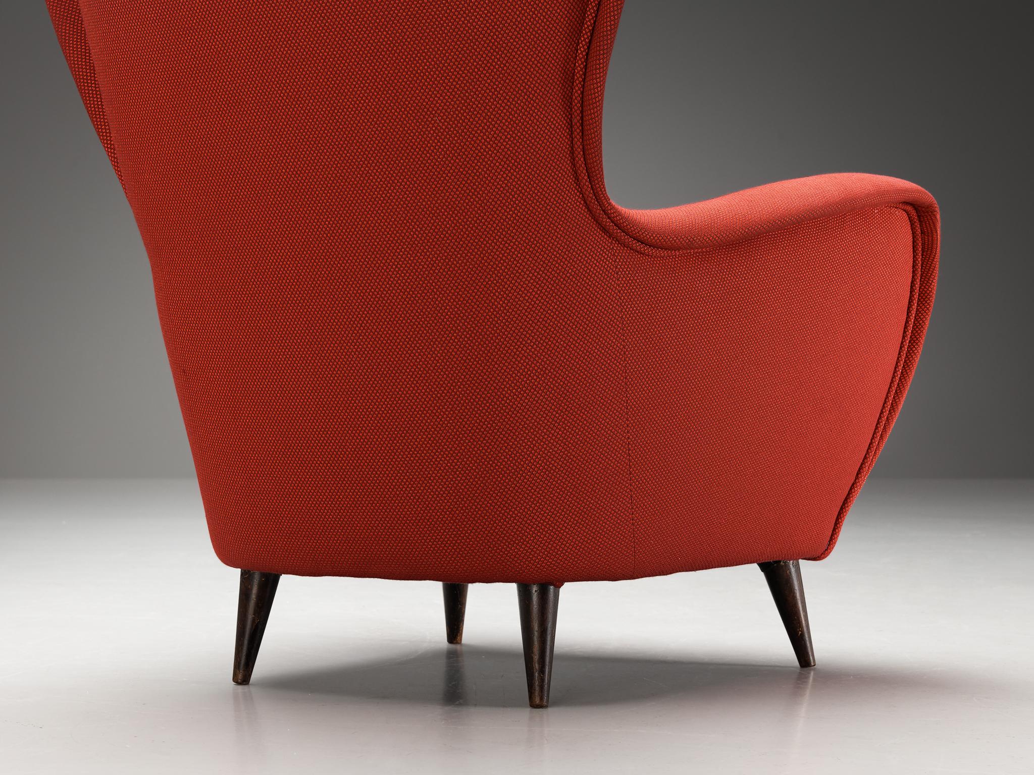 Mid-20th Century 1950s Italian Pair of Wingback Chairs in Red Upholstery and Wood For Sale