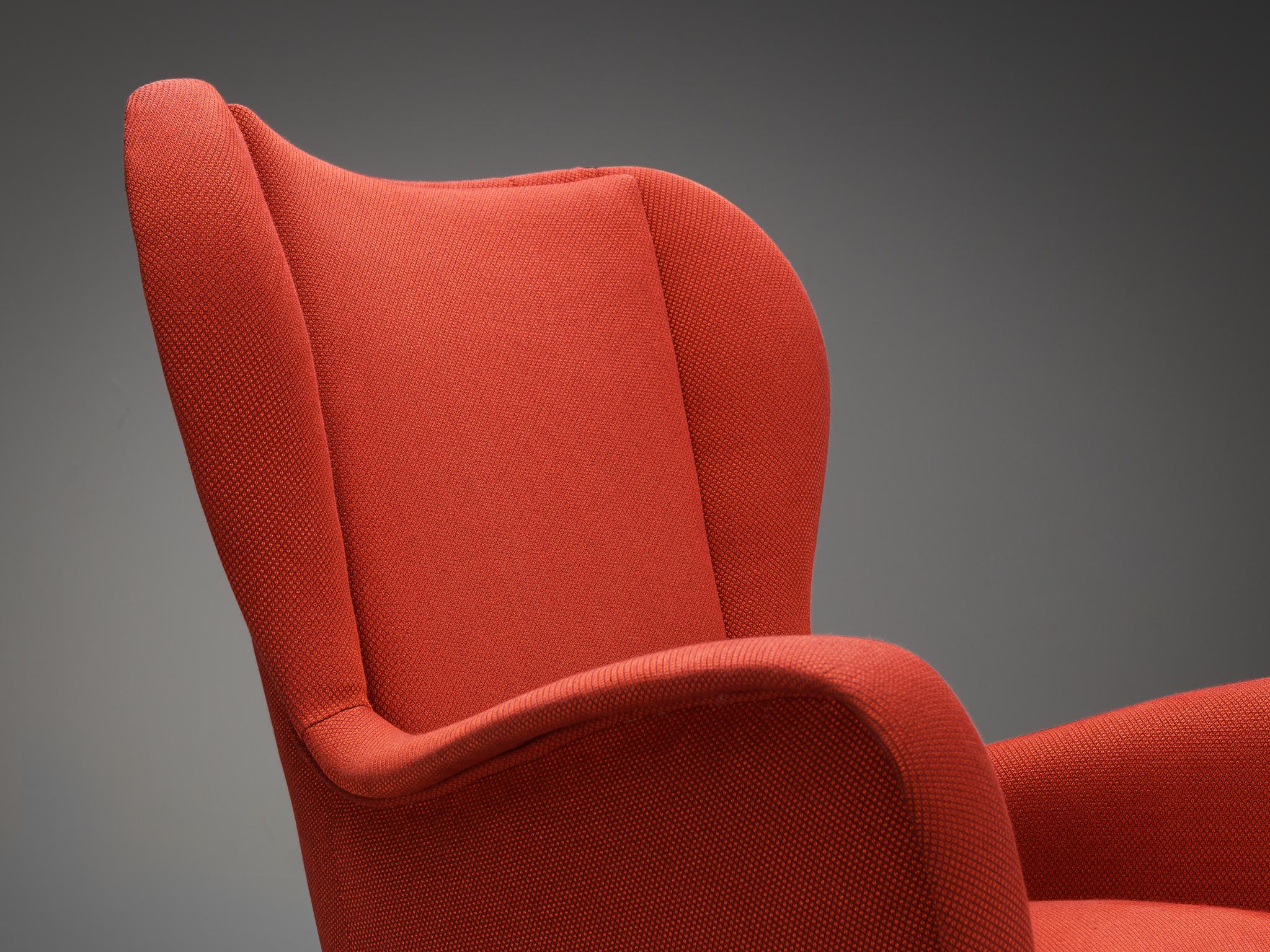 Fabric 1950s Italian Pair of Wingback Chairs in Red Upholstery and Wood For Sale