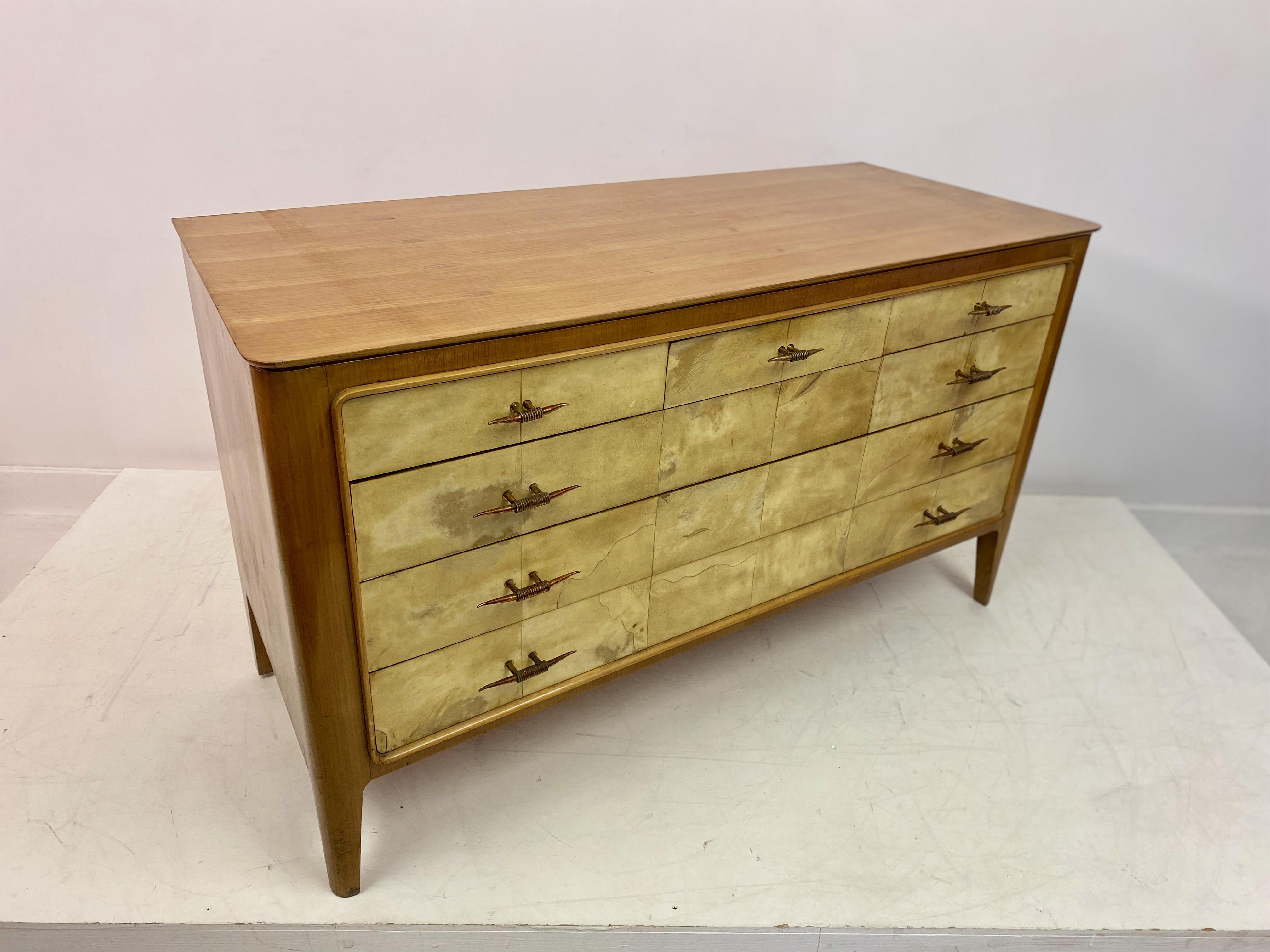 1950s, Italian Parchment and Cherry Wood Chest of Drawers For Sale 7