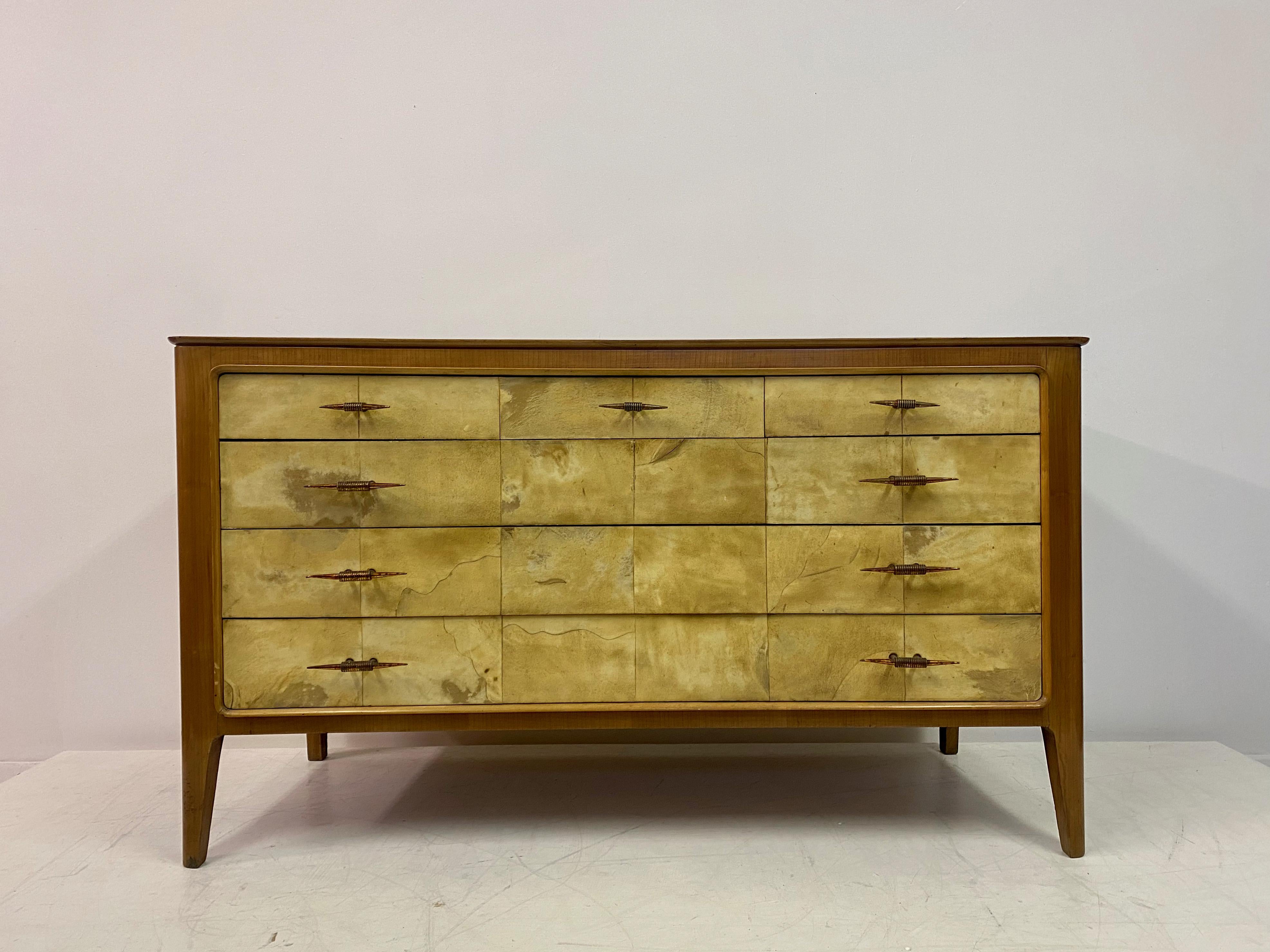 Mid-Century Modern 1950s, Italian Parchment and Cherry Wood Chest of Drawers For Sale