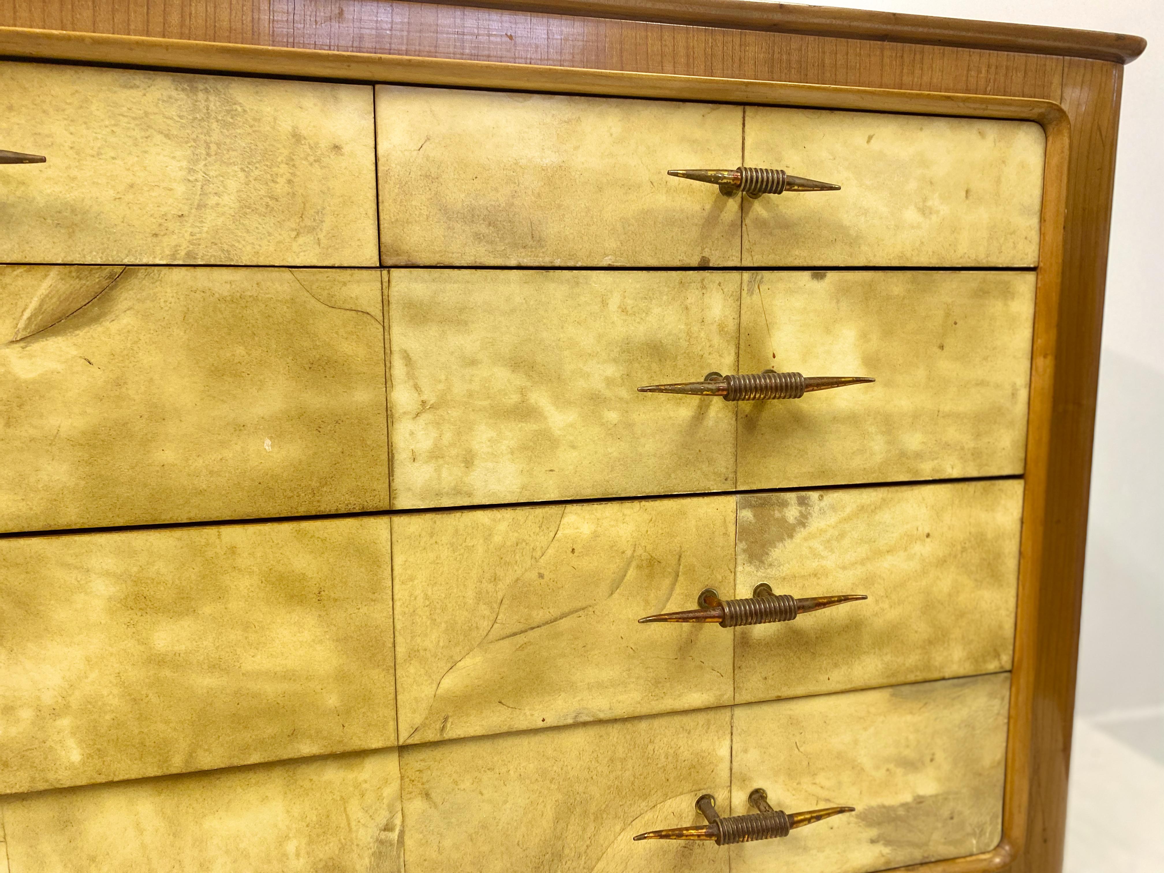 20th Century 1950s, Italian Parchment and Cherry Wood Chest of Drawers For Sale
