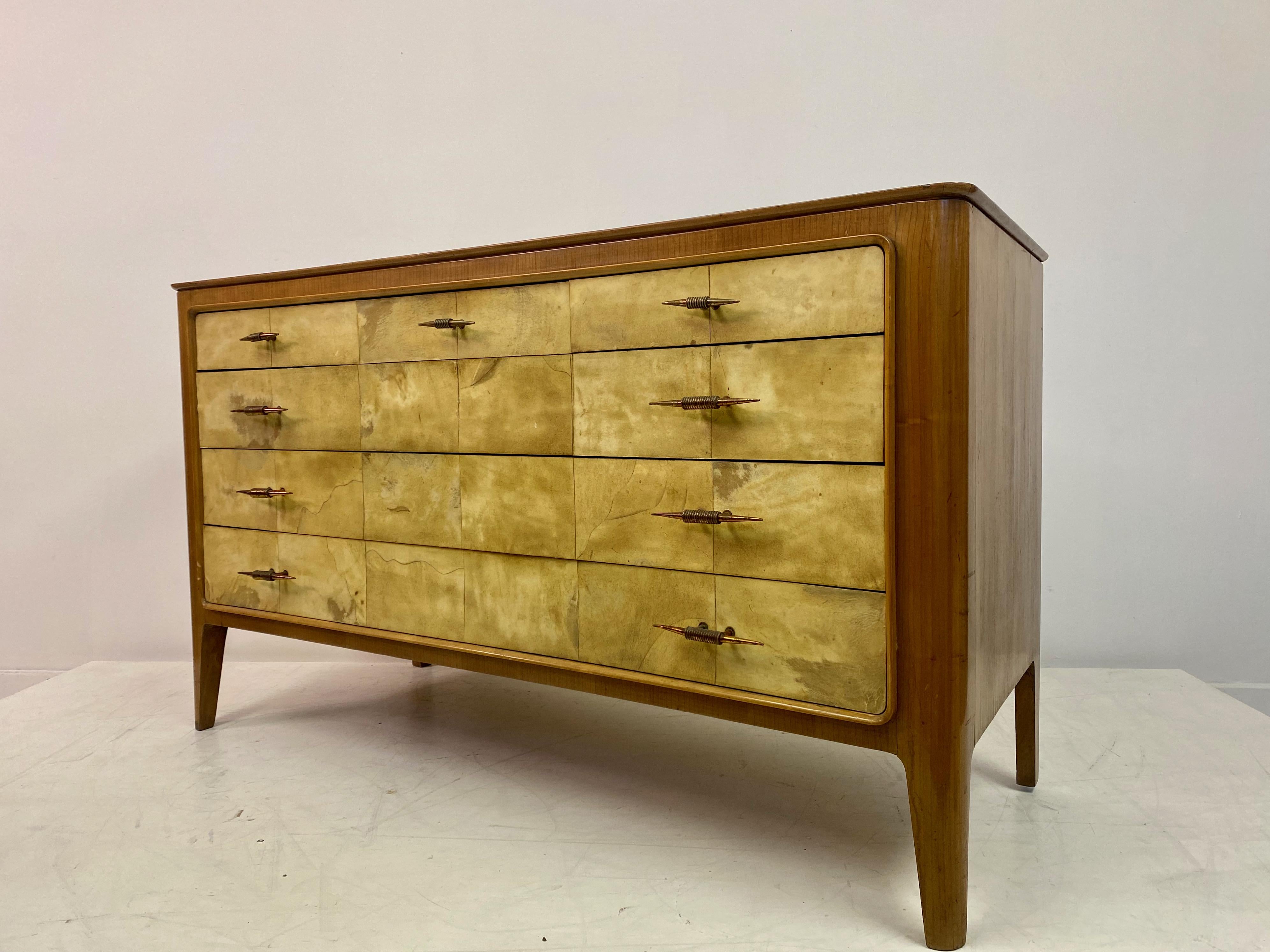1950s, Italian Parchment and Cherry Wood Chest of Drawers For Sale 1