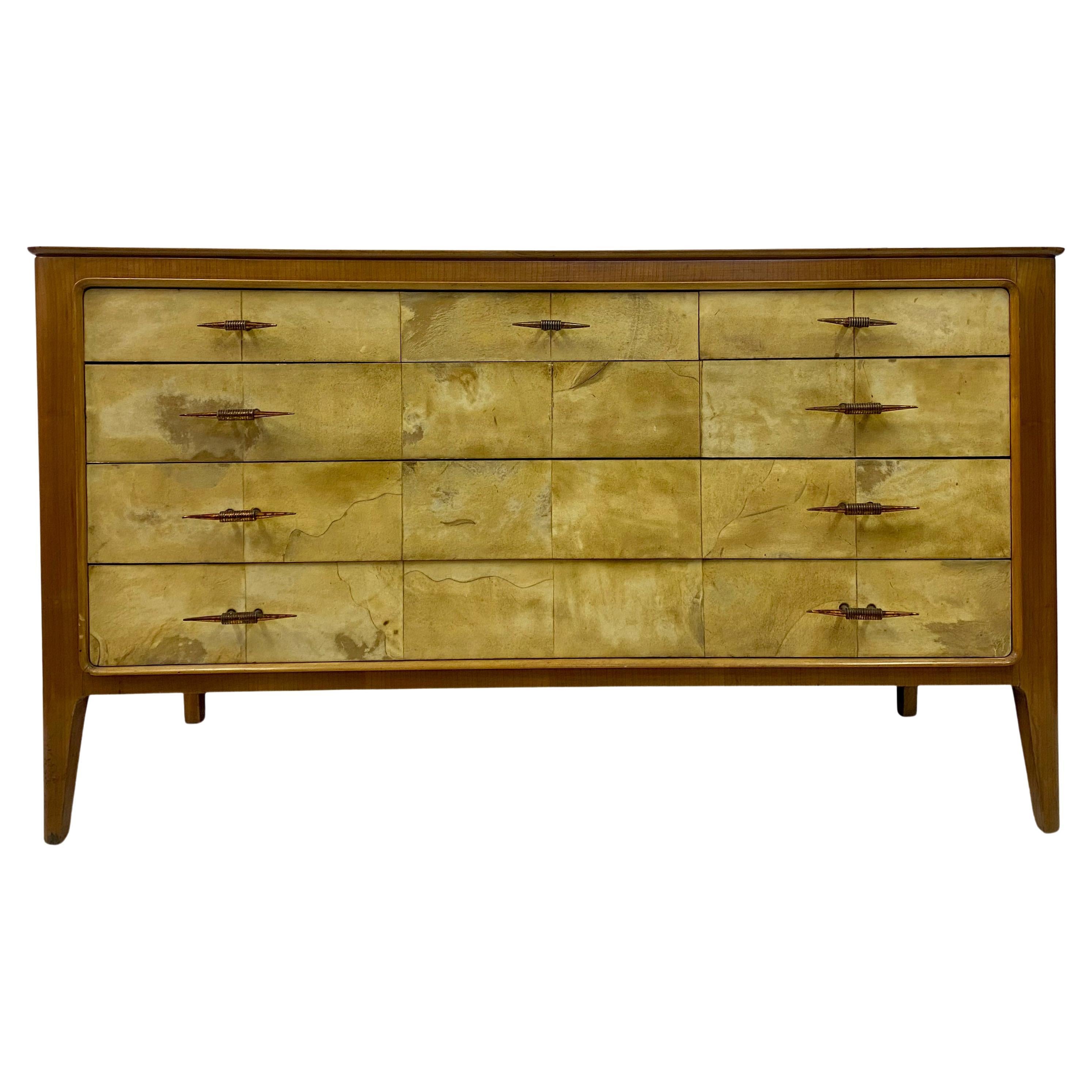 1950s, Italian Parchment and Cherry Wood Chest of Drawers For Sale