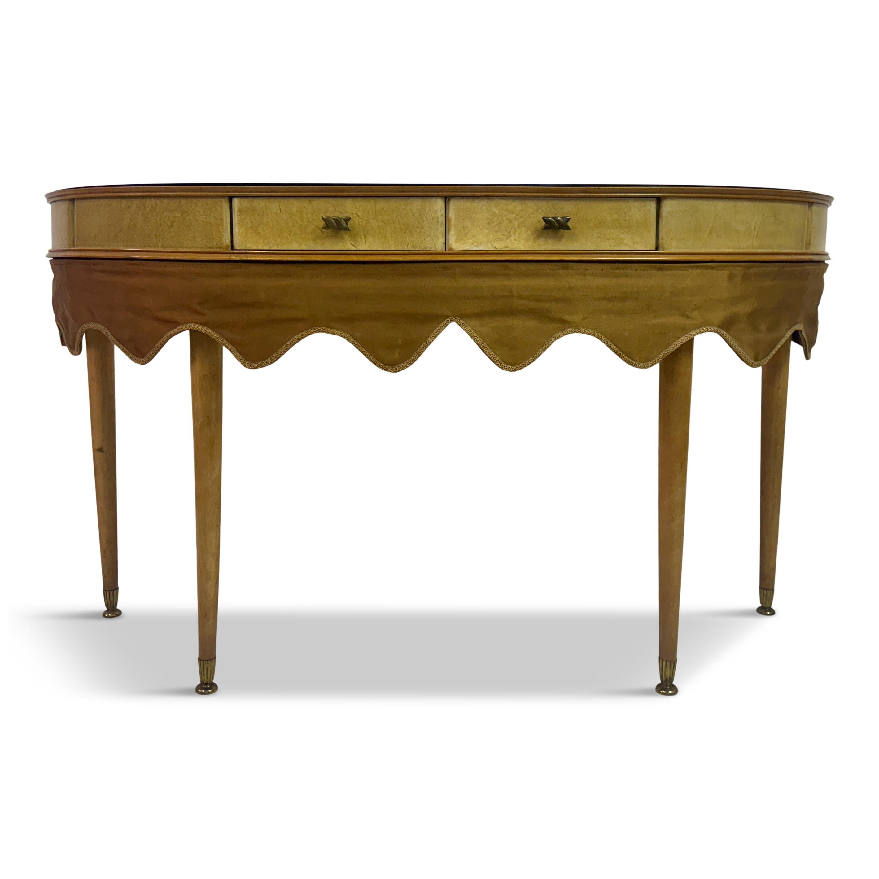 Console table or dressing table

Parchment

Rose glass

Brass details

Fabric fringe

1950s Italy

This elegant 1950s Italian console table is a fine example of mid-century craftsmanship and design. The table features a beautiful parchment finish