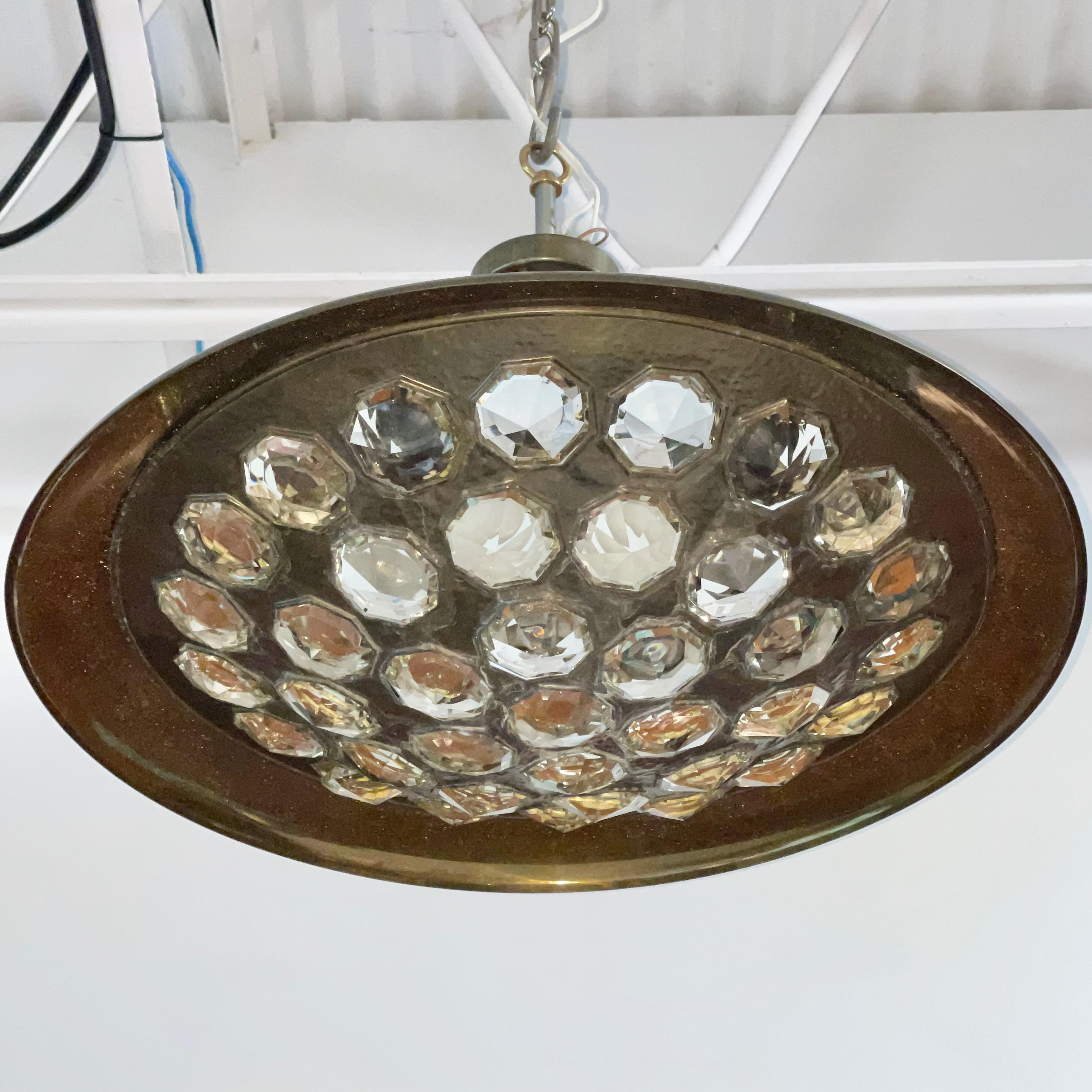 Edera Radici for SAGIM 1950's Italian Patinated Brass and Crystal UFO Pendant In Good Condition For Sale In Hanover, MA